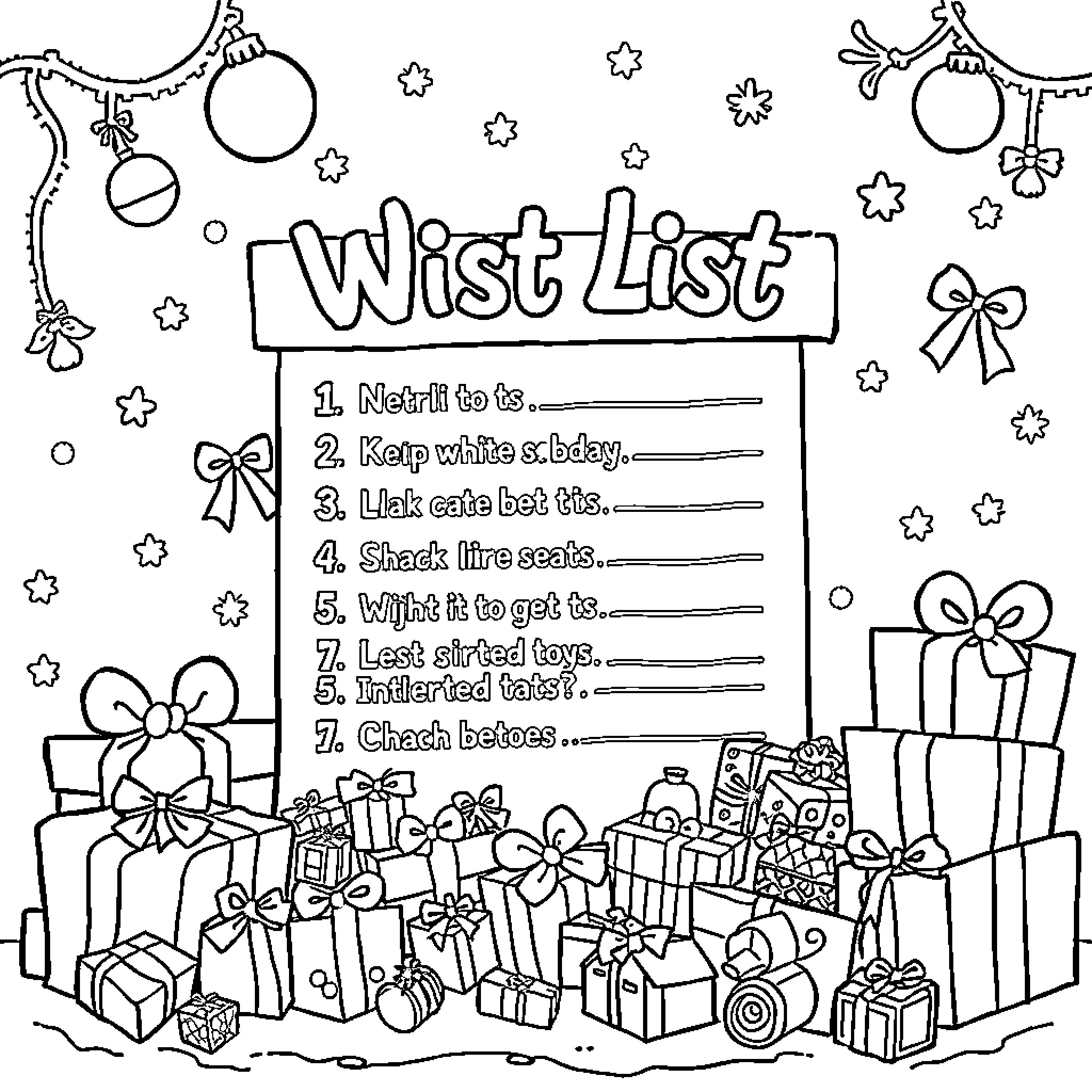 Christmas Gifts and Wish List Coloring Page (free black-and-white line drawing printable PDF for all, from beginners to advanced learners, including children, teens, adults, and seniors)