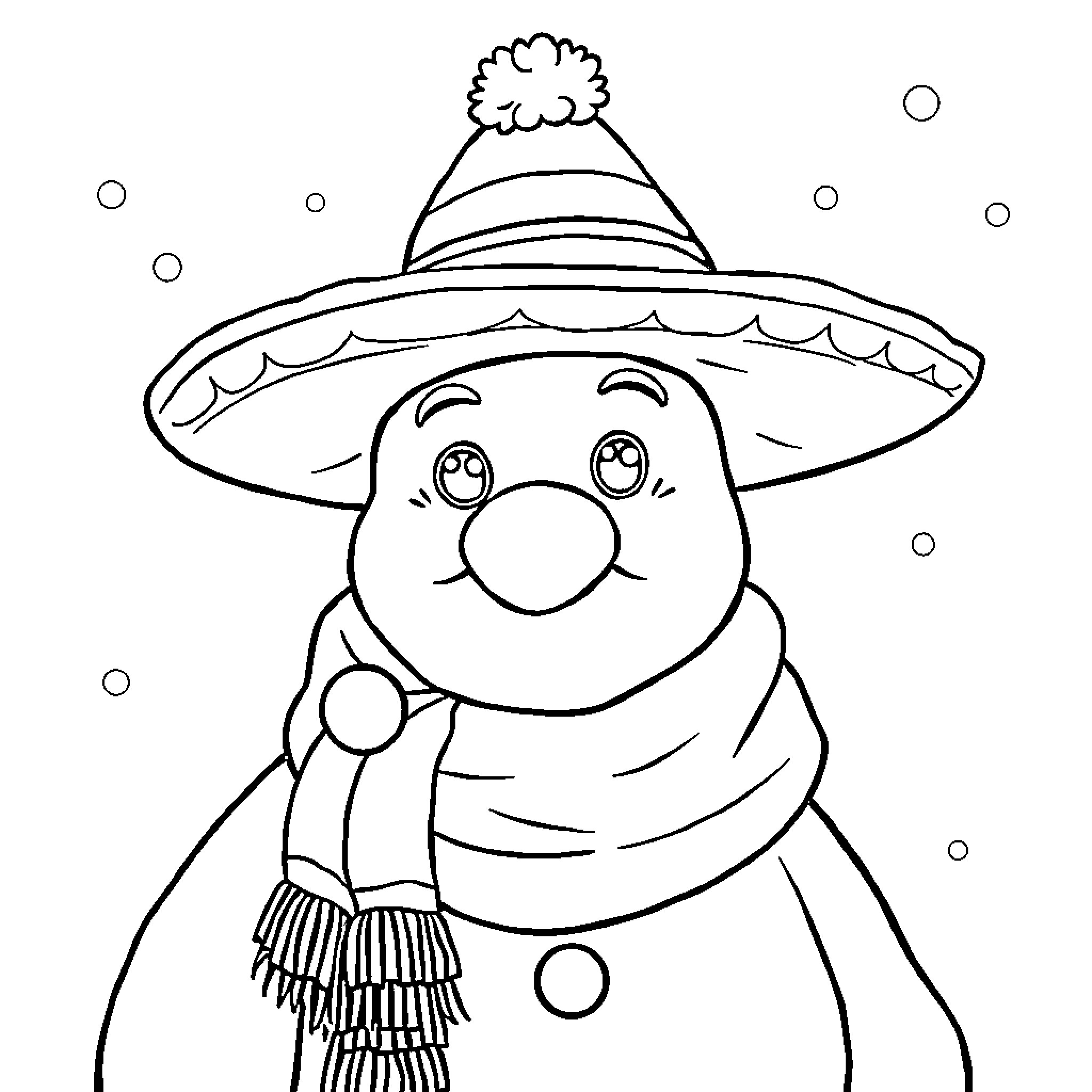 Snowman wearing winter hat and scarf Coloring Page (free black-and-white line drawing printable PDF for all, from beginners to advanced learners, including children, teens, adults, and seniors)