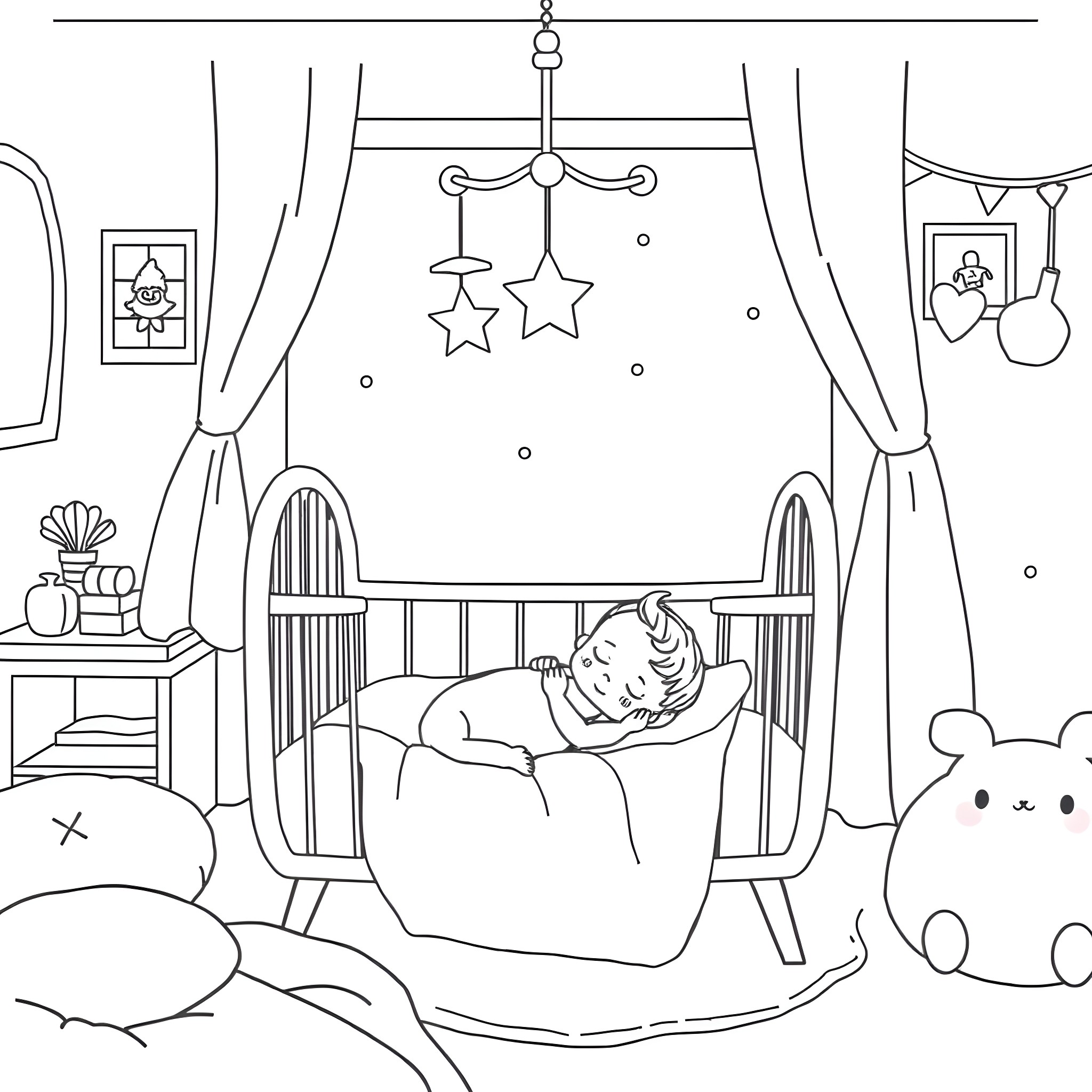 Baby sleeping peacefully in crib with toys Coloring Page (free black-and-white line drawing printable PDF for all, from beginners to advanced learners, including children, teens, adults, and seniors)