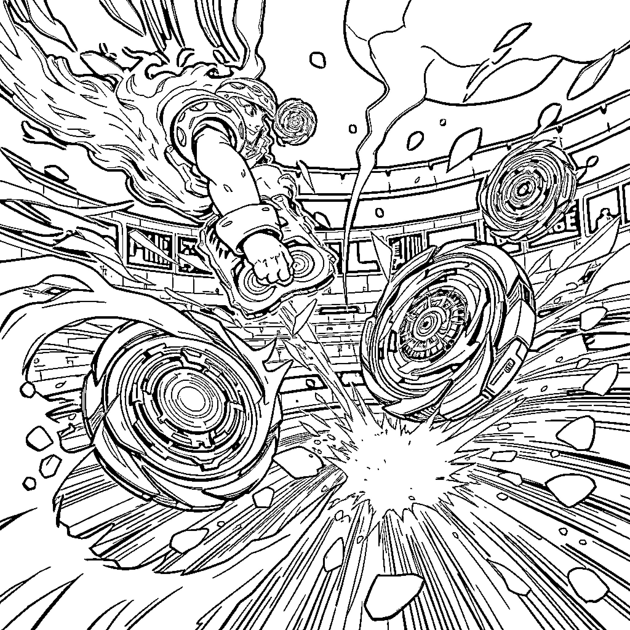 Beyblade explosive battle on the stadium Coloring Page (free black-and-white line drawing printable PDF for all, from beginners to advanced learners, including children, teens, adults, and seniors)