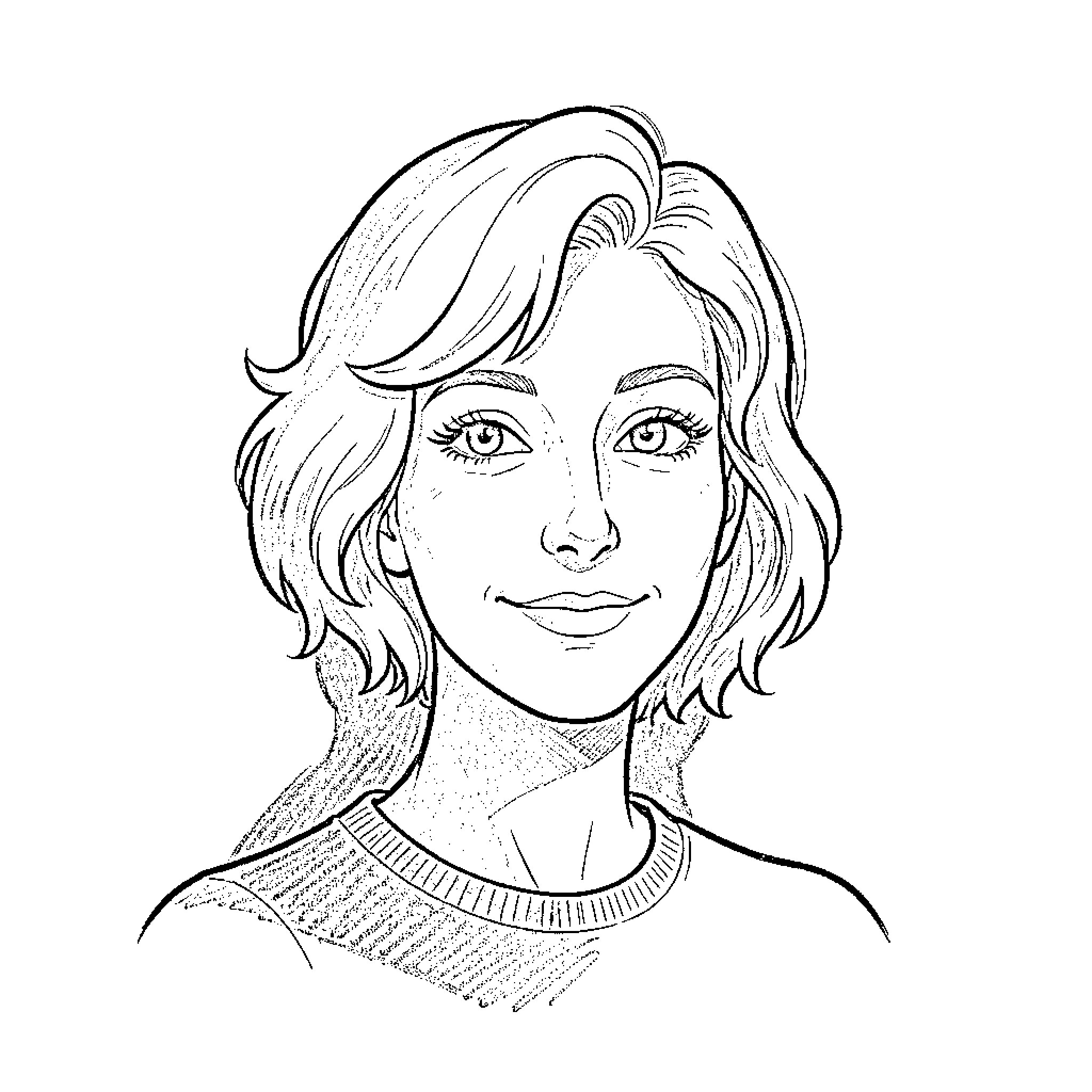 Pencil sketch of a smiling young woman Coloring Page (free black-and-white line drawing printable PDF for all, from beginners to advanced learners, including children, teens, adults, and seniors)