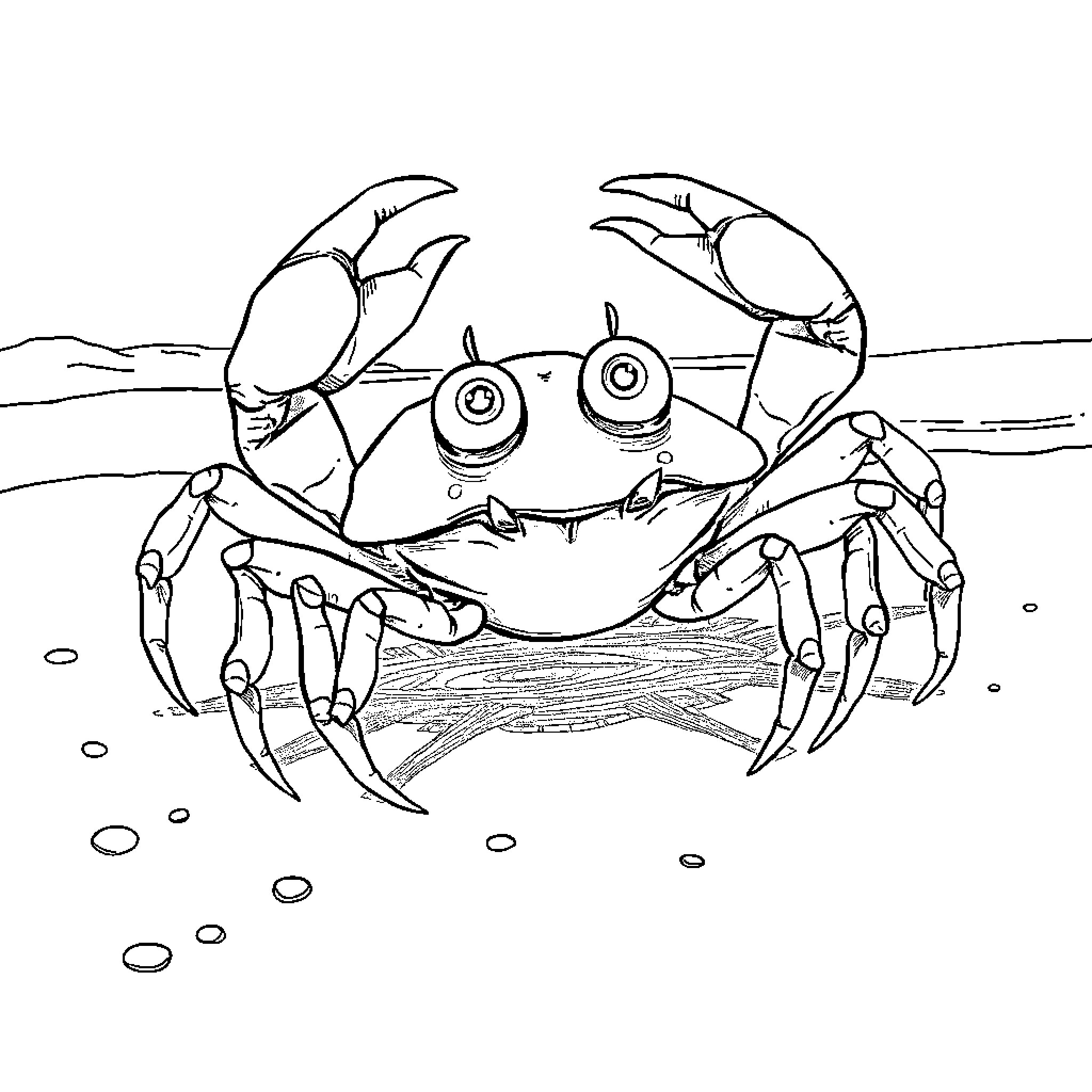 Crab's curious expression on the beach Coloring Page (free black-and-white line drawing printable PDF for all, from beginners to advanced learners, including children, teens, adults, and seniors)