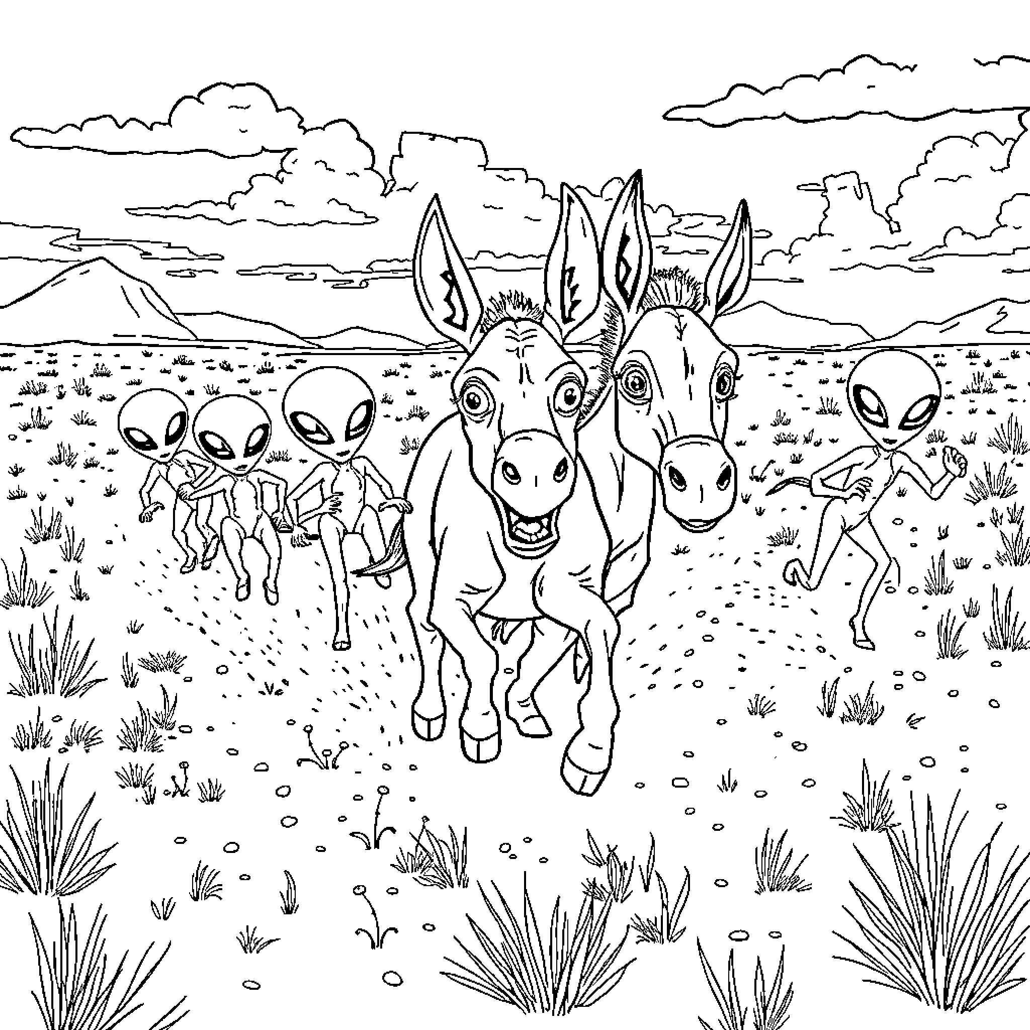 Alien creatures exploring desert landscape Coloring Page (free black-and-white line drawing printable PDF for all, from beginners to advanced learners, including children, teens, adults, and seniors)