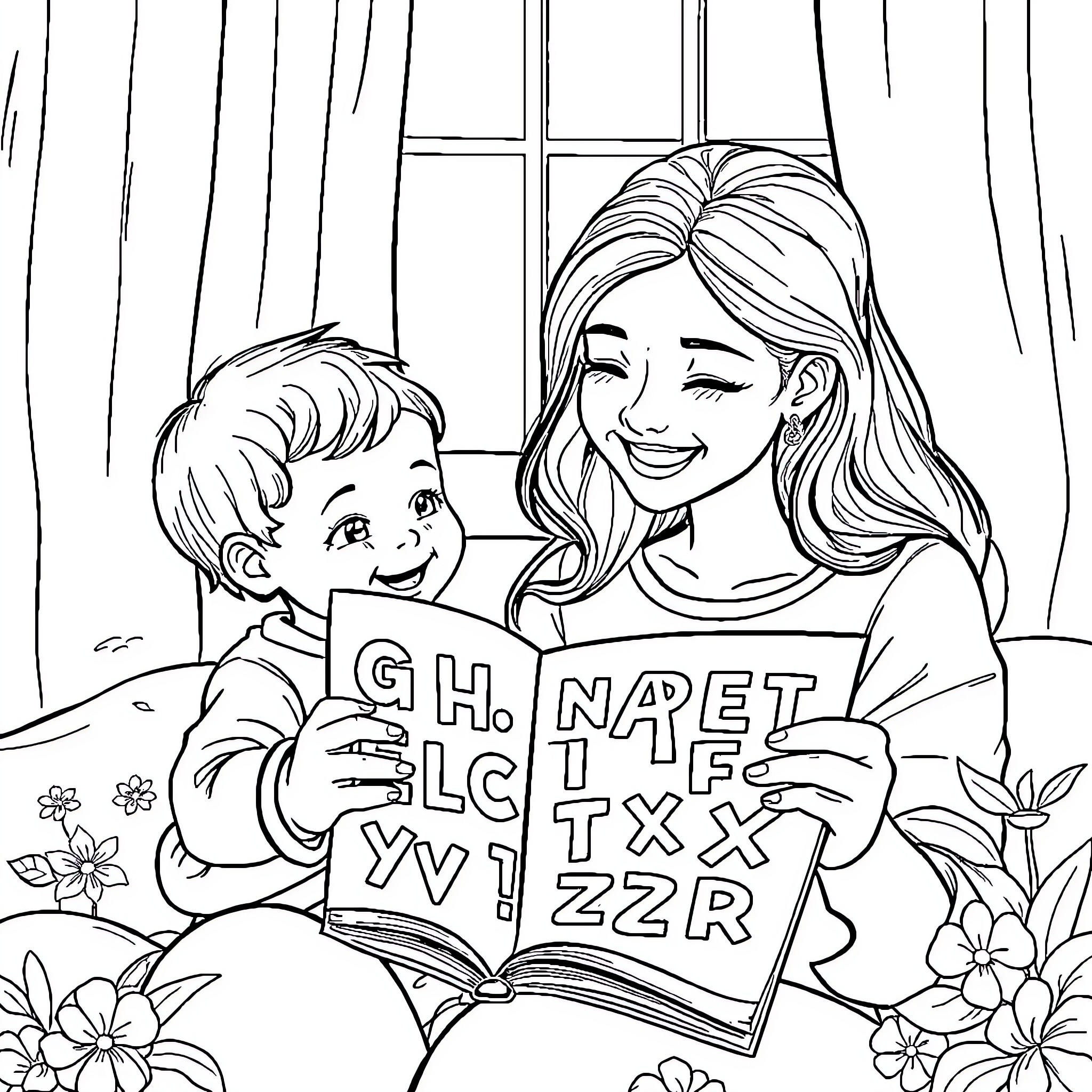 Mother reading book with child in cozy room Coloring Page (free black-and-white line drawing printable PDF for all, from beginners to advanced learners, including children, teens, adults, and seniors)