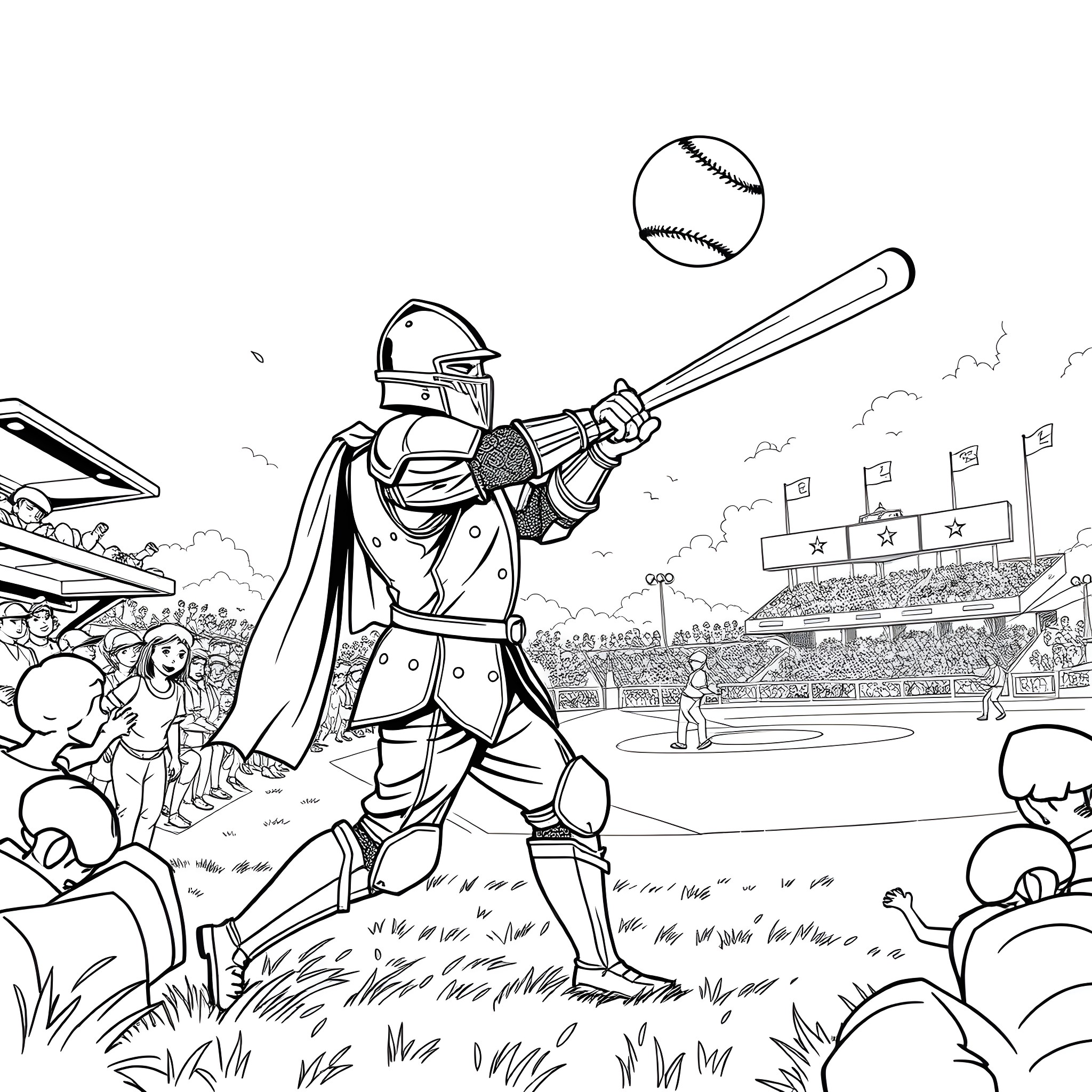 Knight Batter Hits Ball at Baseball Game Coloring Page (free black-and-white line drawing printable PDF for all, from beginners to advanced learners, including children, teens, adults, and seniors)