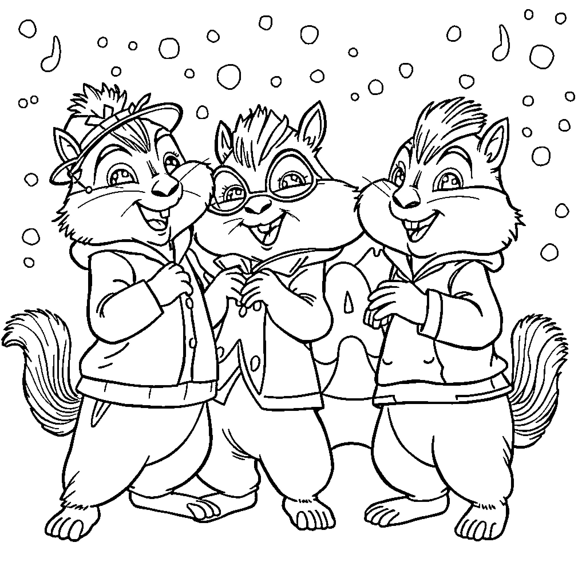 Chipmunk friends enjoying the snow together Coloring Page (free black-and-white line drawing printable PDF for all, from beginners to advanced learners, including children, teens, adults, and seniors)