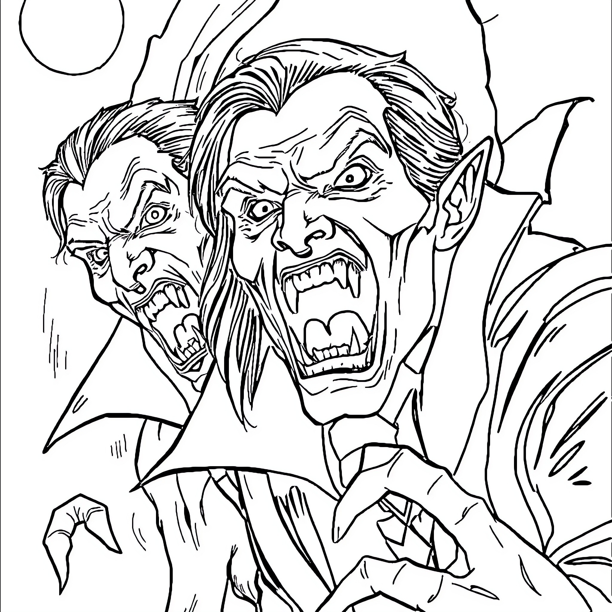 Vampire Lords Unleashing Their Wrath Coloring Page (free black-and-white line drawing printable PDF for all, from beginners to advanced learners, including children, teens, adults, and seniors)