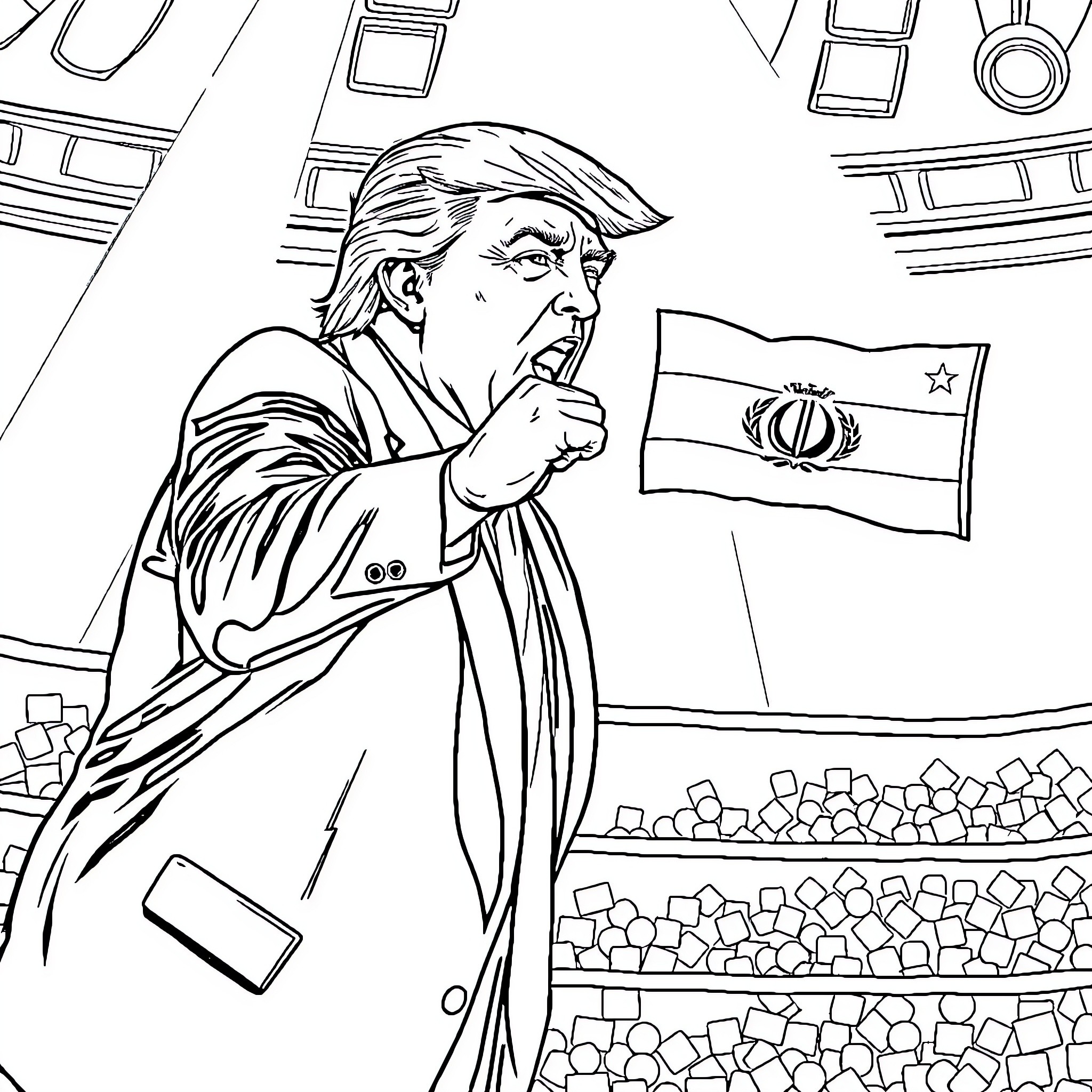 Donald Trump gesturing with Iranian flag in political setting Coloring Page (free black-and-white line drawing printable PDF for all, from beginners to advanced learners, including children, teens, adults, and seniors)