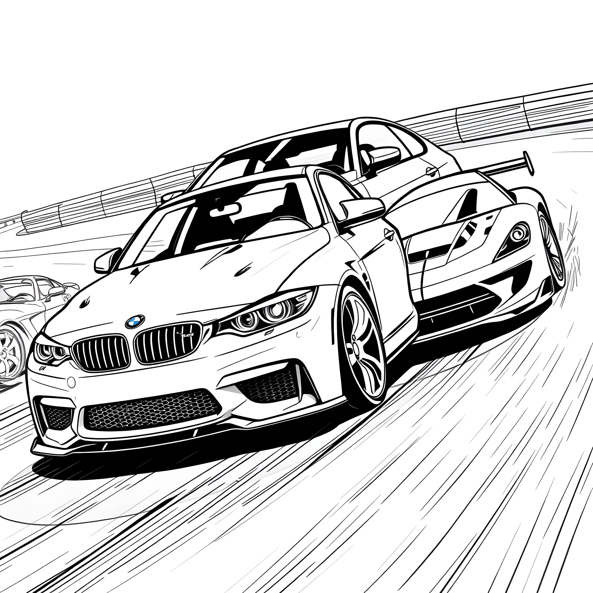 Car racing on the track Coloring Page (free black-and-white line drawing printable PDF for all, from beginners to advanced learners, including children, teens, adults, and seniors)