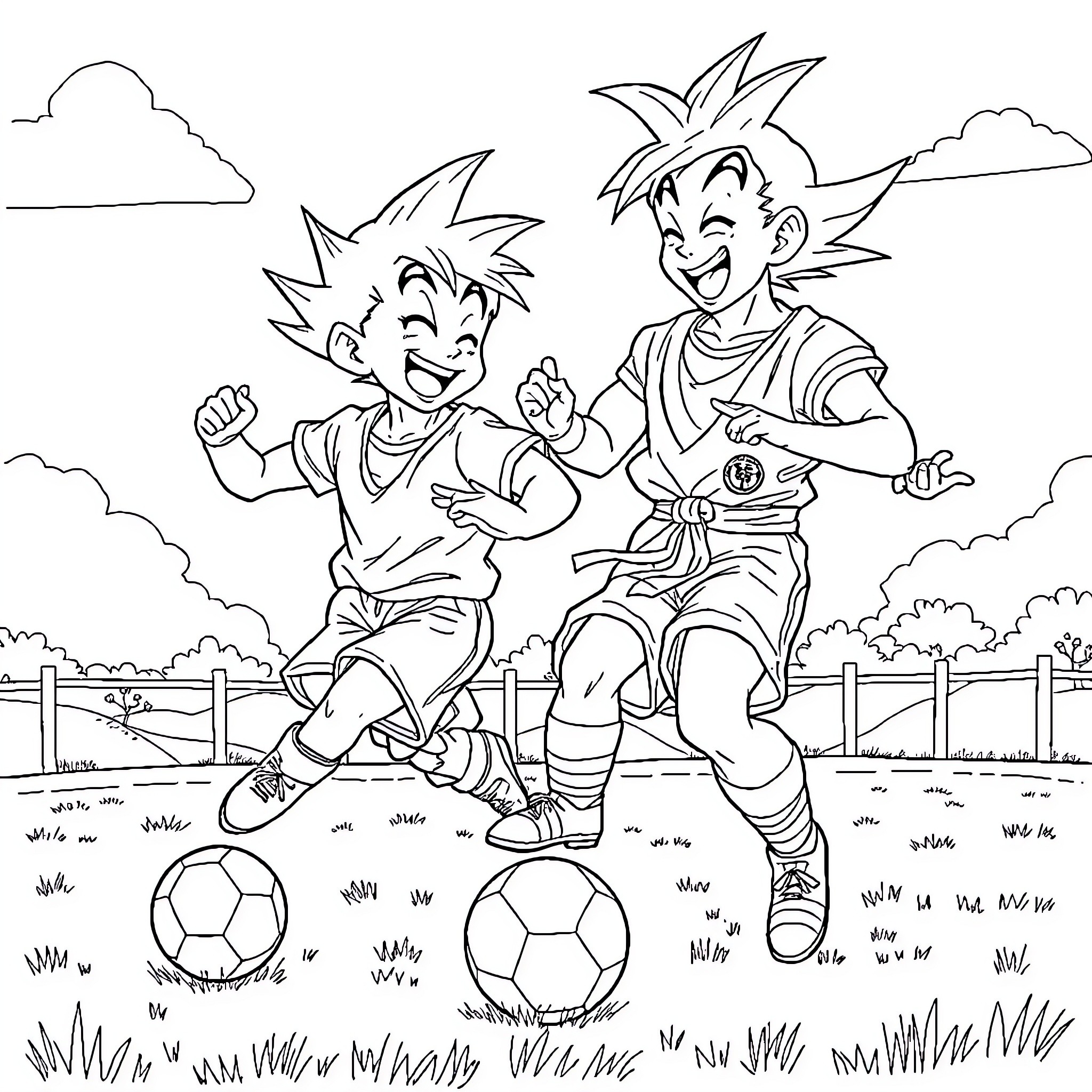 Superan Young Soccer Players Celebrating Goal Coloring Page (free black-and-white line drawing printable PDF for all, from beginners to advanced learners, including children, teens, adults, and seniors)