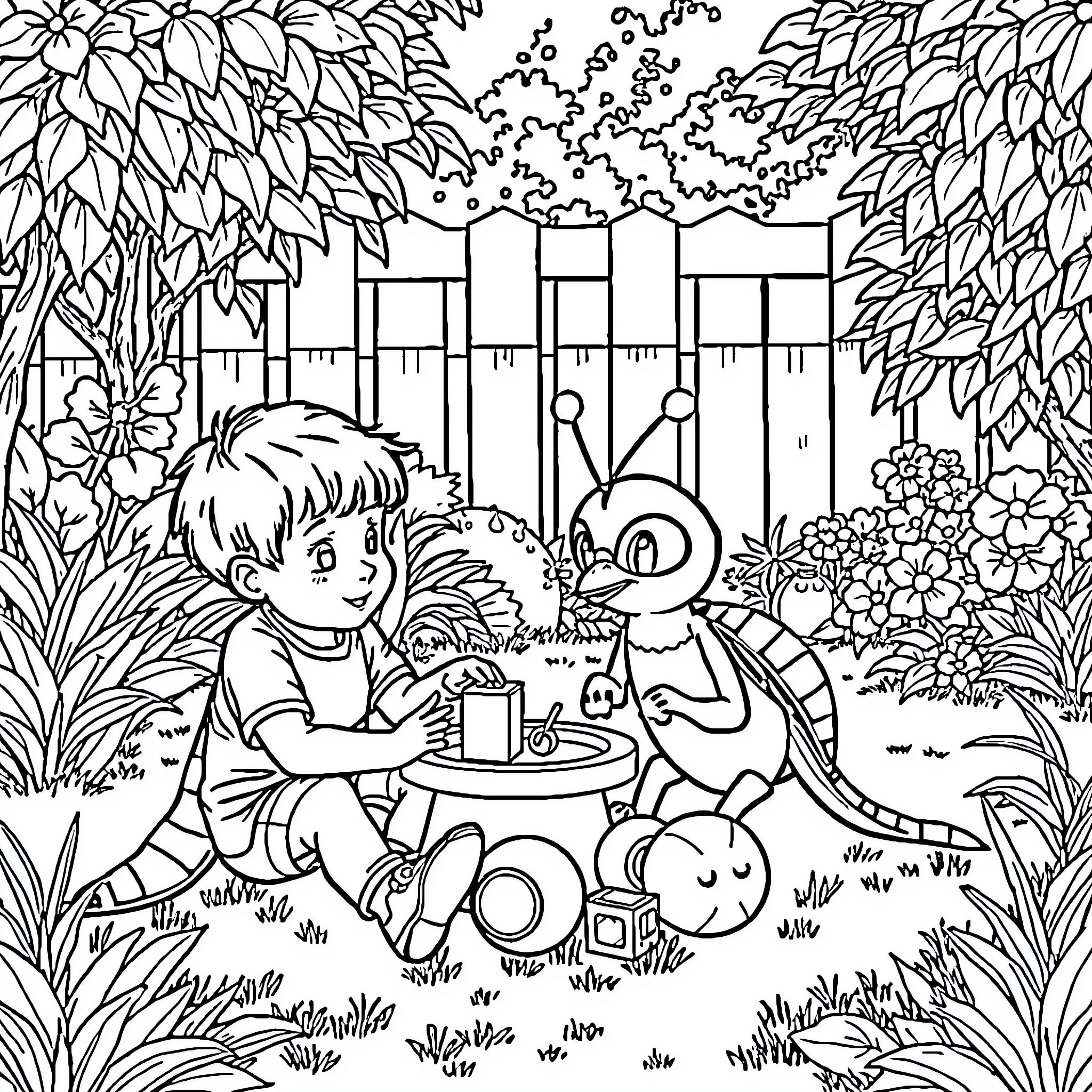 Enfant playing with cute creatures in lush garden Coloring Page (free black-and-white line drawing printable PDF for all, from beginners to advanced learners, including children, teens, adults, and seniors)