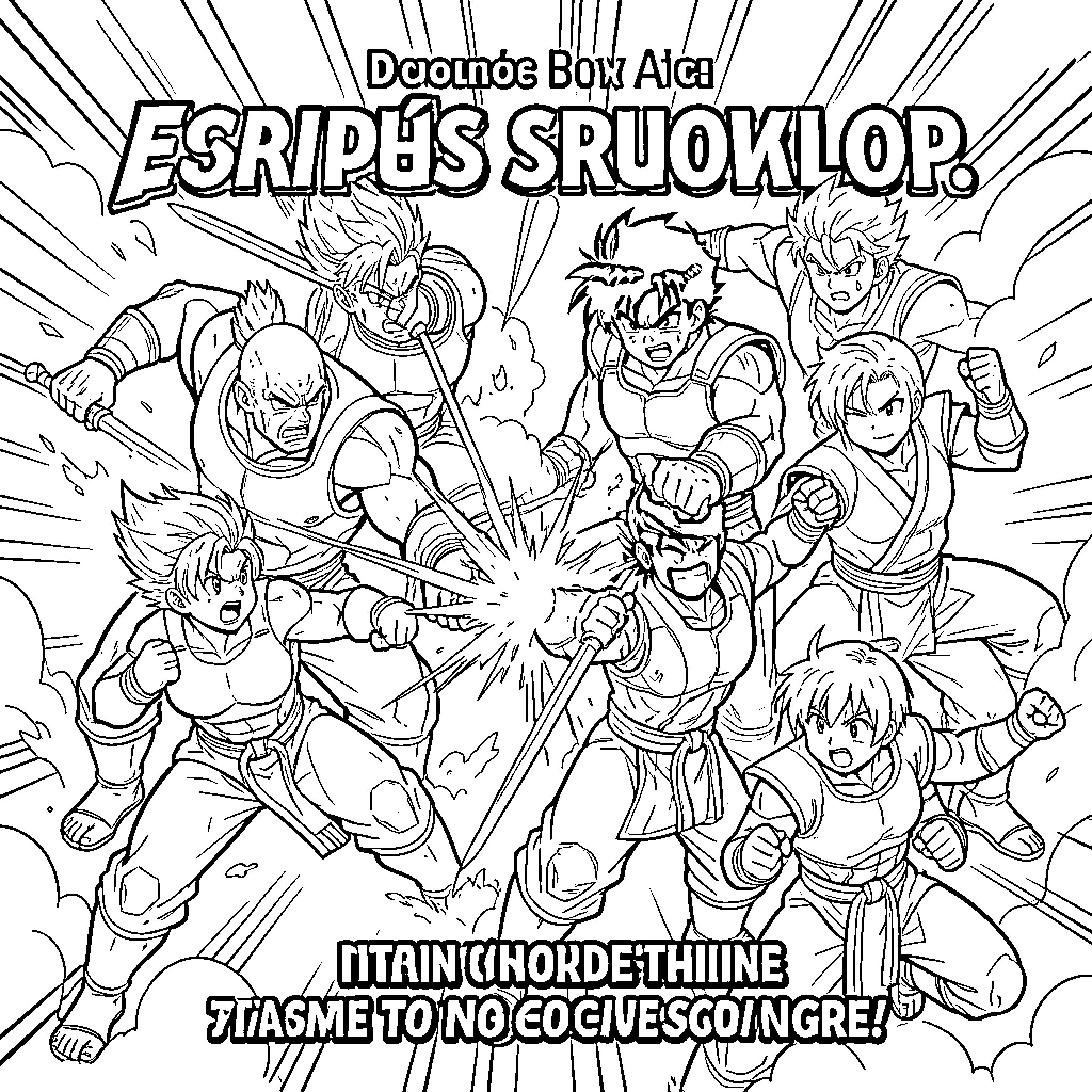 Dragon Ball Z characters in dynamic fighting poses Coloring Page (free black-and-white line drawing printable PDF for all, from beginners to advanced learners, including children, teens, adults, and seniors)