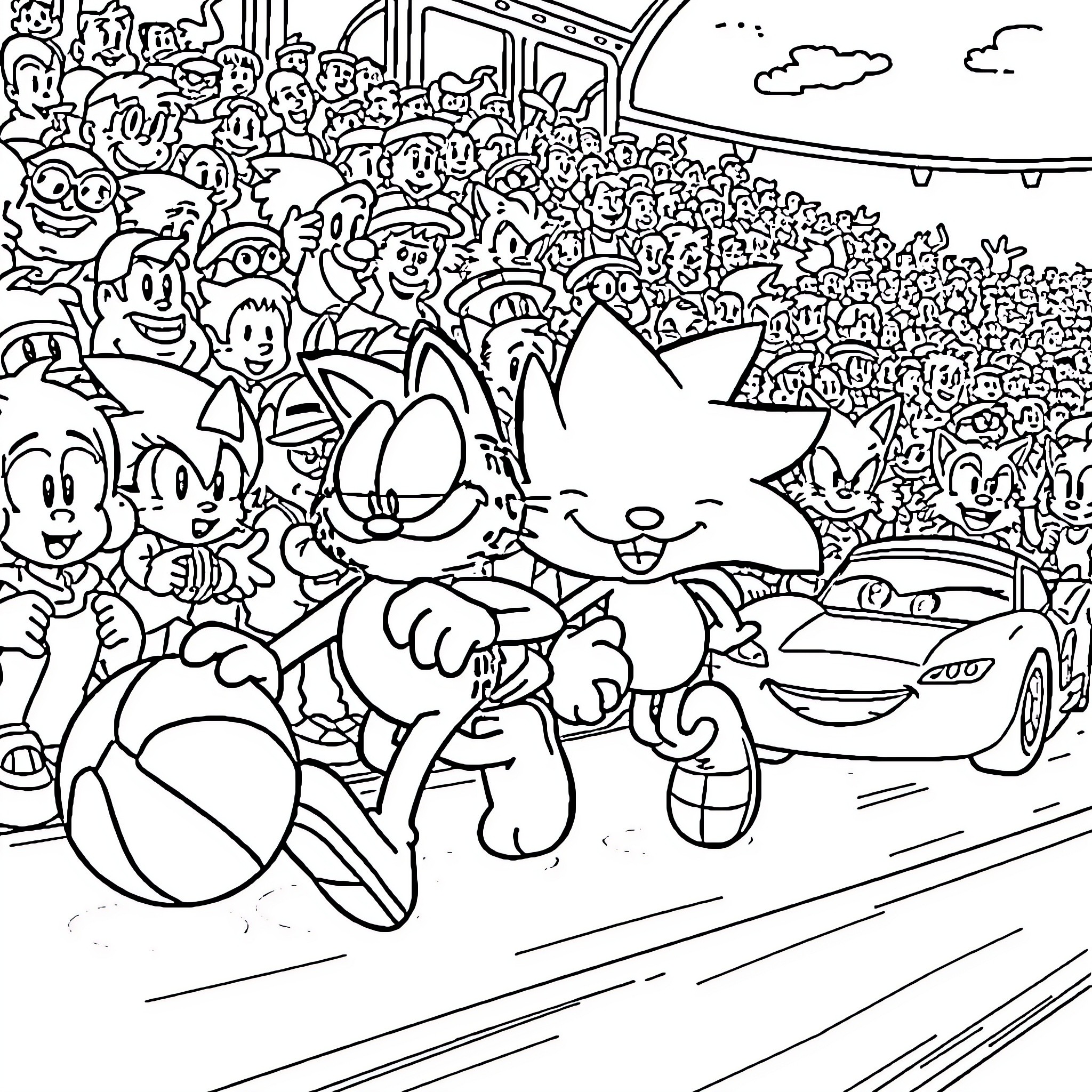 Garfield and Friends in a Crowded Celebration Coloring Page (free black-and-white line drawing printable PDF for all, from beginners to advanced learners, including children, teens, adults, and seniors)