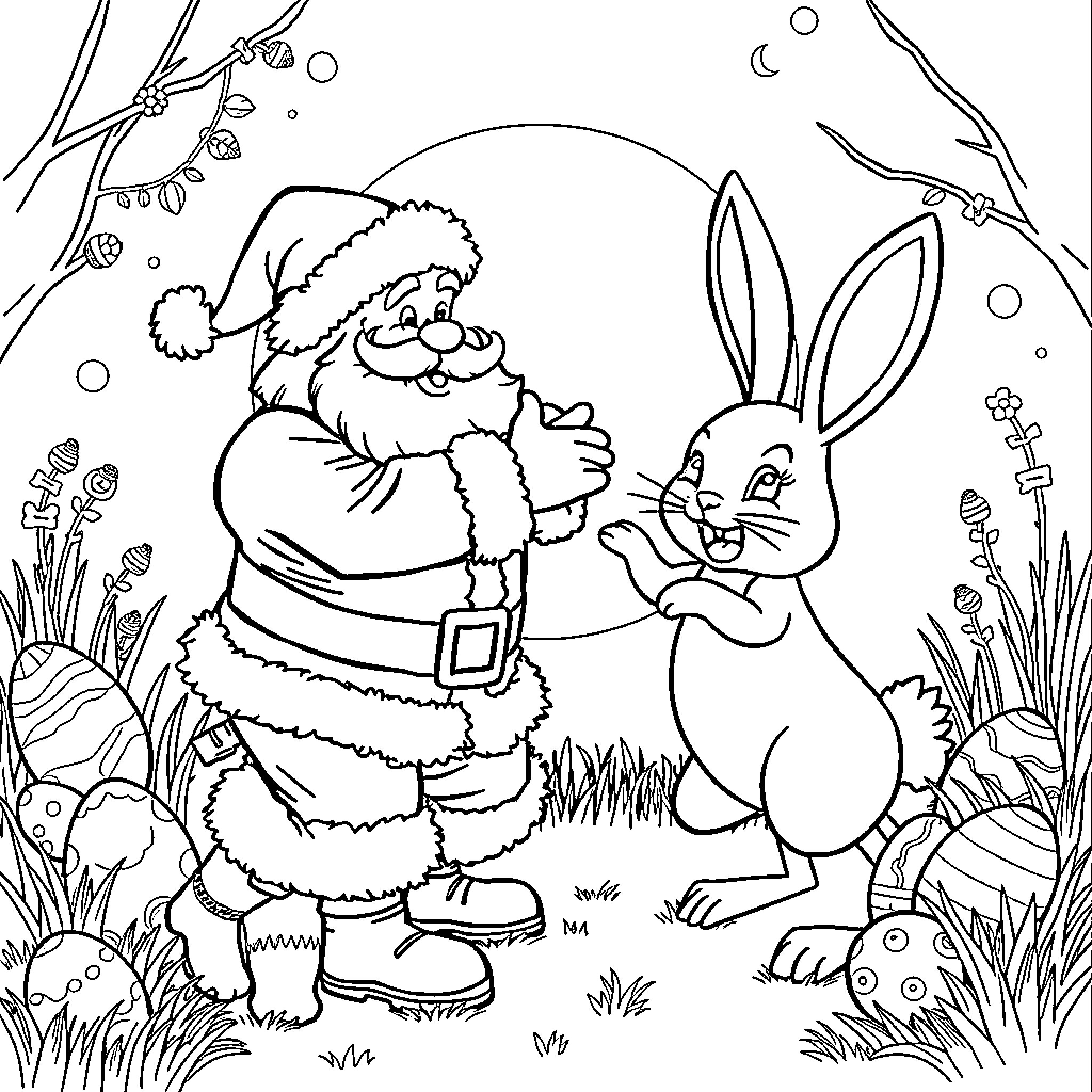 Santa Claus playing with a rabbit in a winter wonderland Coloring Page (free black-and-white line drawing printable PDF for all, from beginners to advanced learners, including children, teens, adults, and seniors)