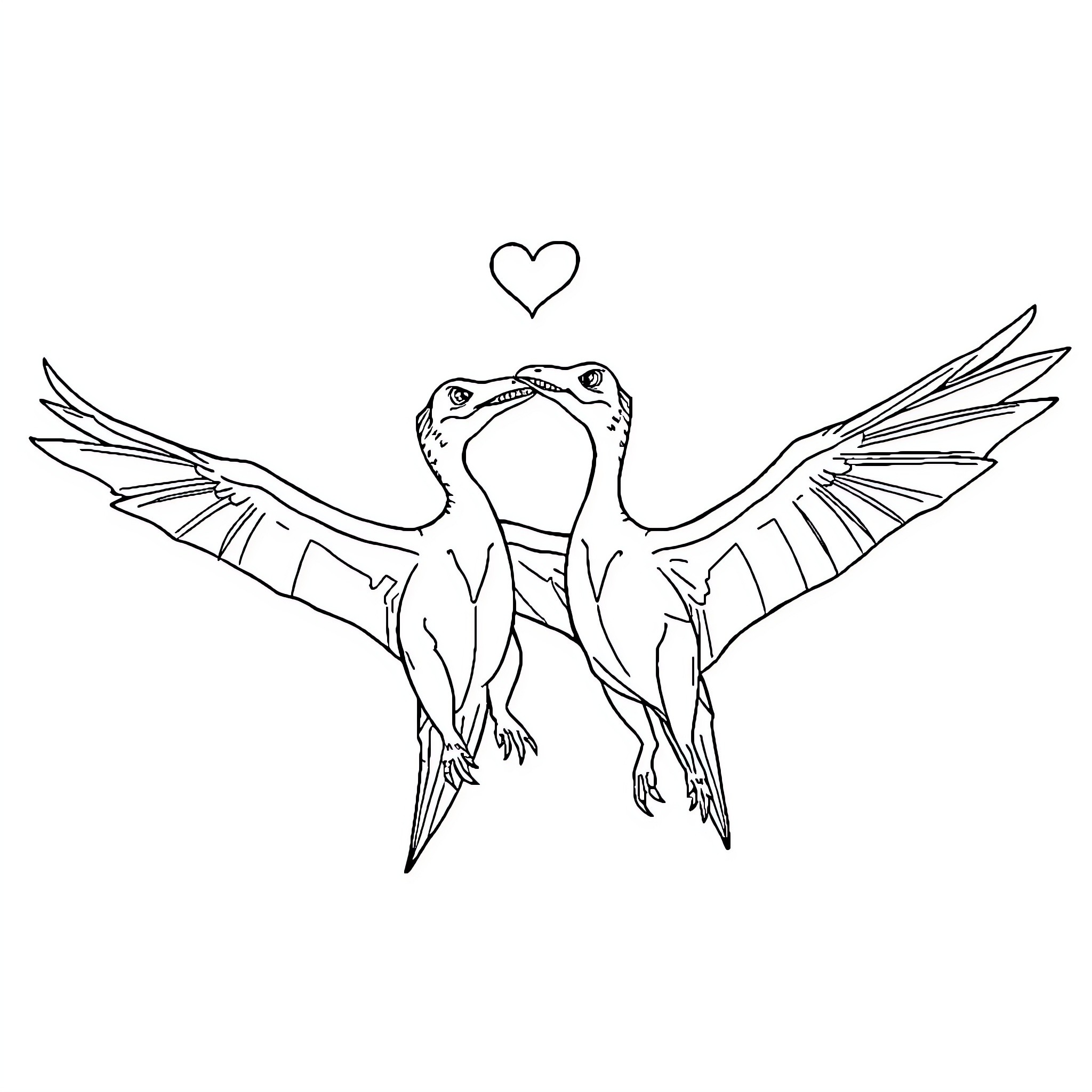 Pterodactyl in a loving embrace Coloring Page (free black-and-white line drawing printable PDF for all, from beginners to advanced learners, including children, teens, adults, and seniors)