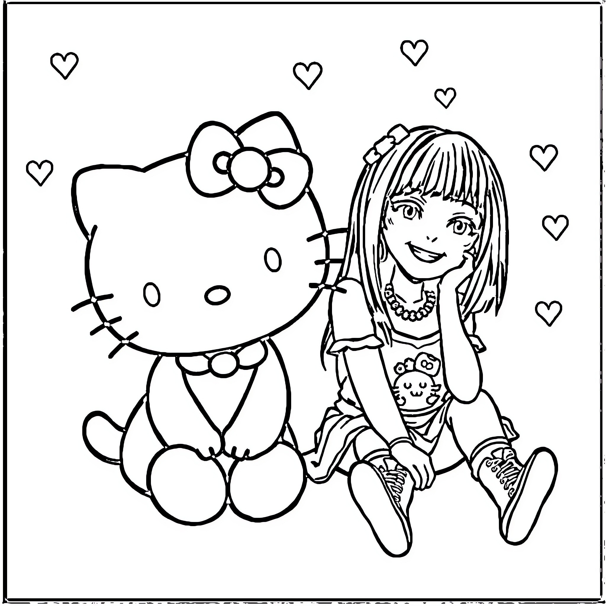 Hello Kitty and Girl Sitting with Hearts Coloring Page (free black-and-white line drawing printable PDF for all, from beginners to advanced learners, including children, teens, adults, and seniors)