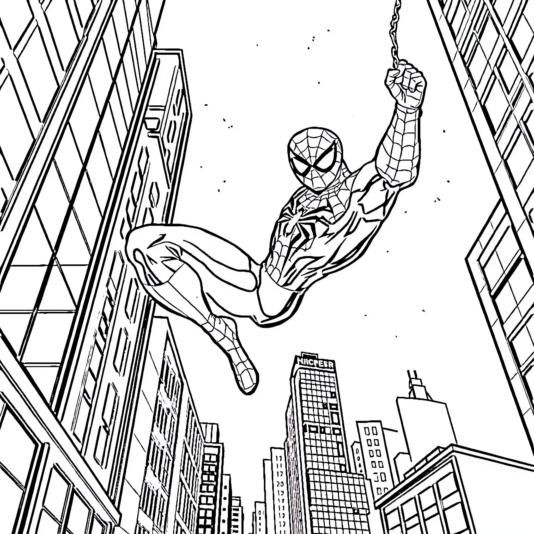 Spiderman swinging through the city skyline Coloring Page (free black-and-white line drawing printable PDF for all, from beginners to advanced learners, including children, teens, adults, and seniors)