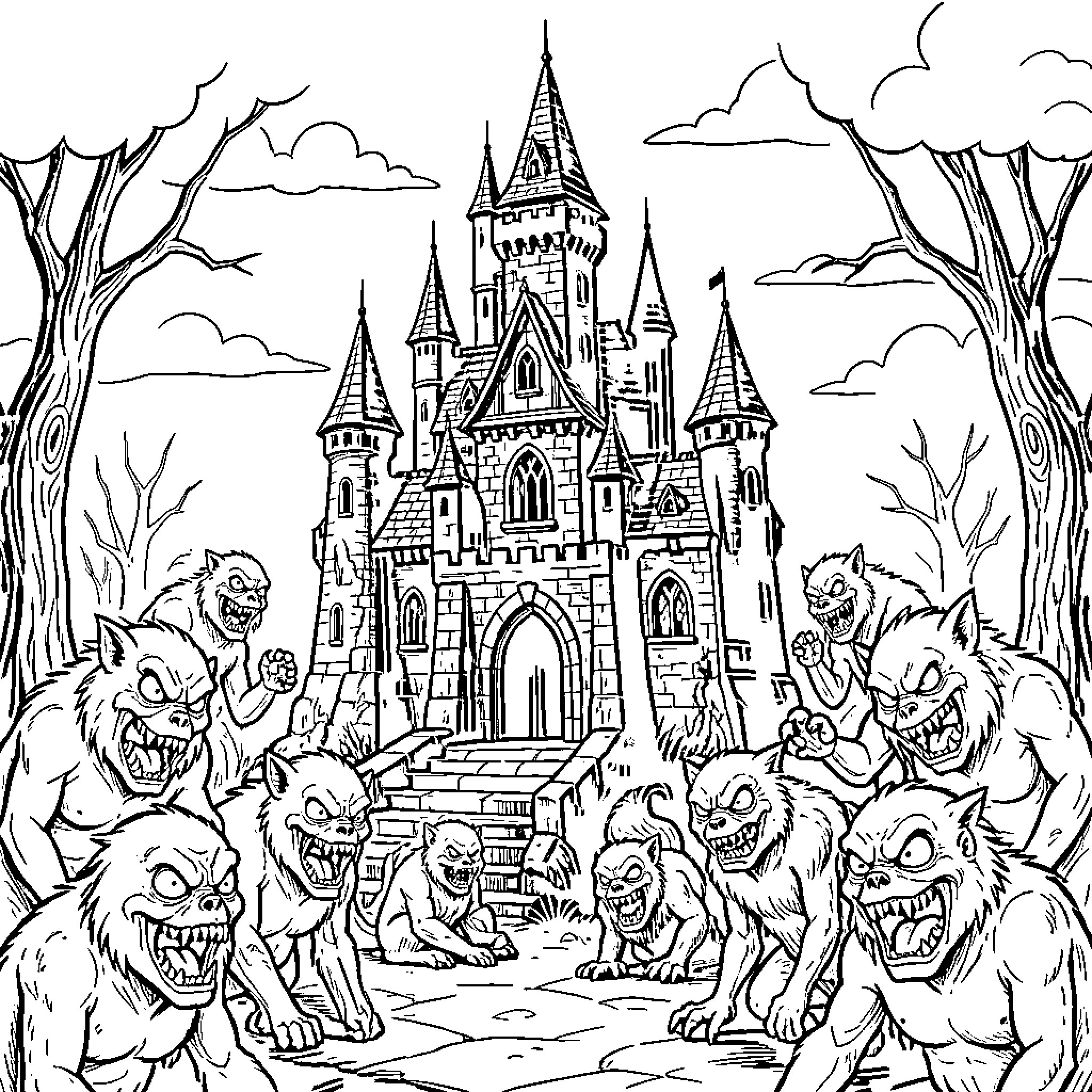 Castle surrounded by aggressive and snarling monsters Coloring Page (free black-and-white line drawing printable PDF for all, from beginners to advanced learners, including children, teens, adults, and seniors)