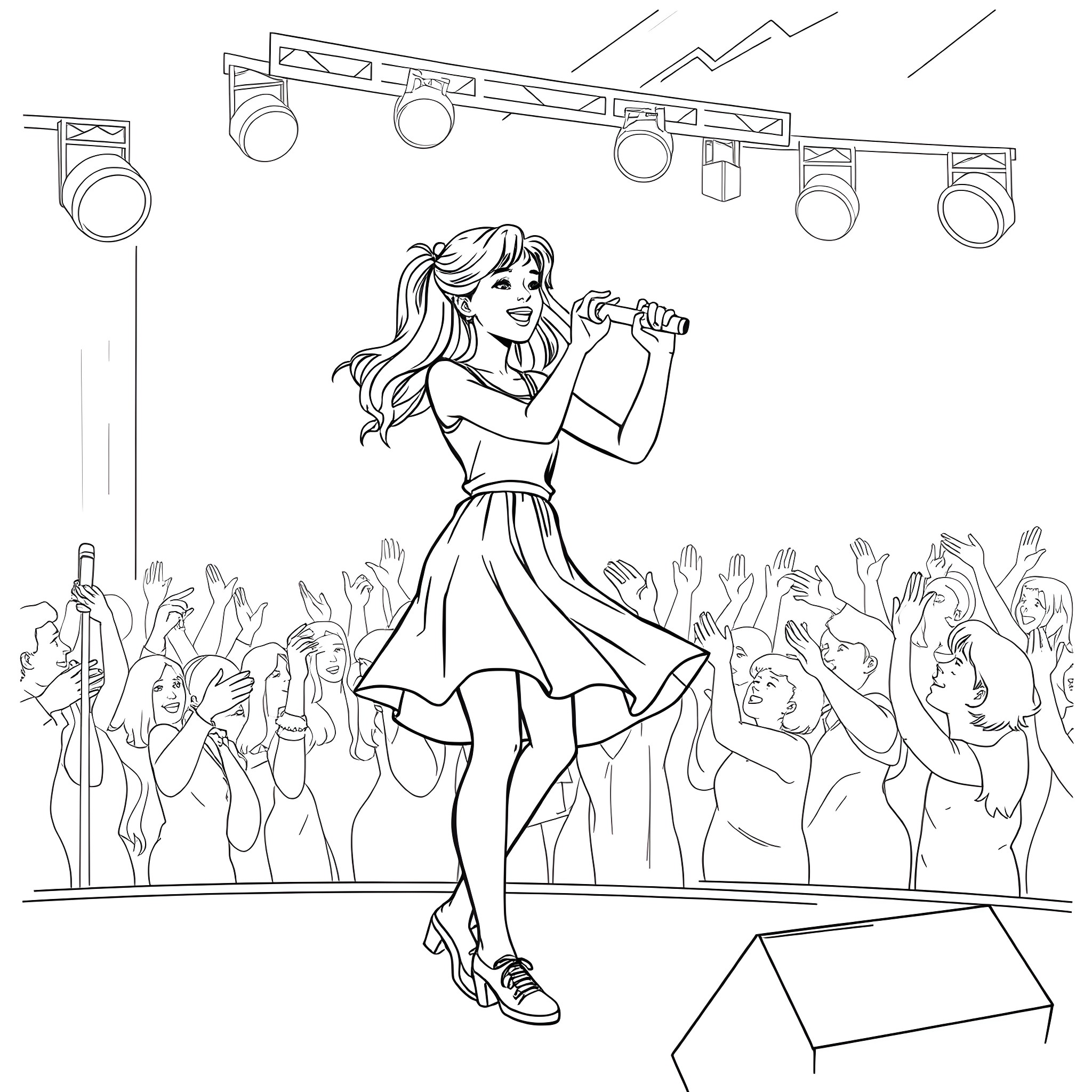 Teen Girl Singing on Stage with Crowd Coloring Page (free black-and-white line drawing printable PDF for all, from beginners to advanced learners, including children, teens, adults, and seniors)