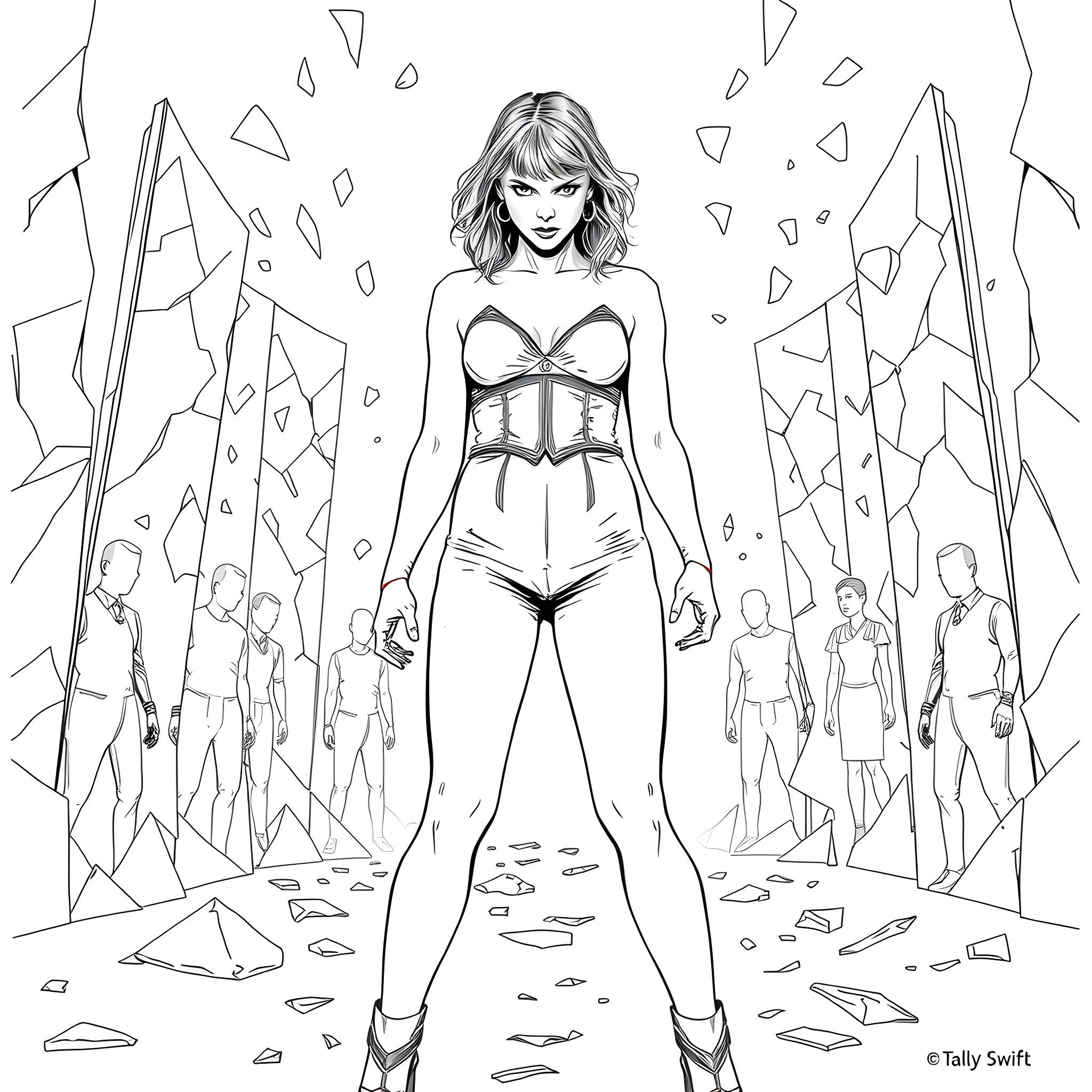 Taylor Swift standing confidently in an abstract environment Coloring Page (free black-and-white line drawing printable PDF for all, from beginners to advanced learners, including children, teens, adults, and seniors)