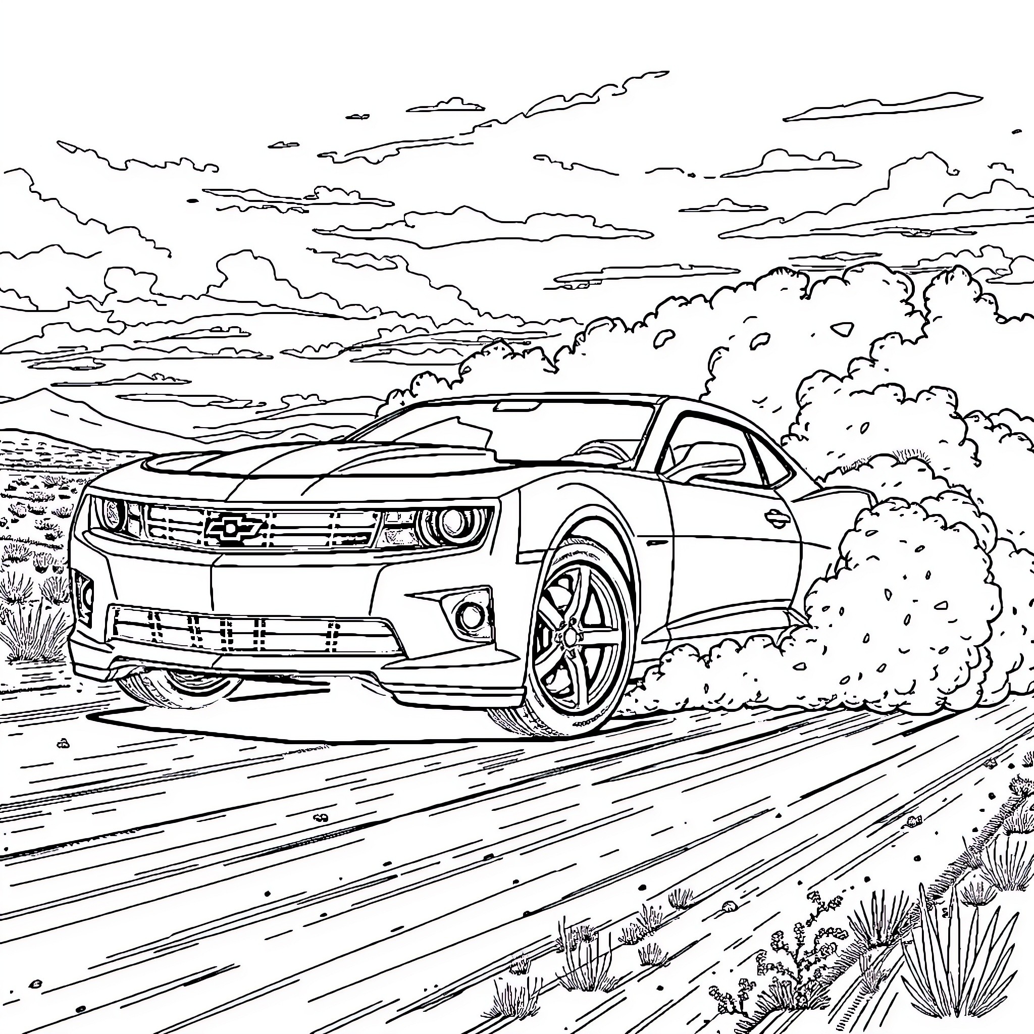 Camaro speeding through a scenic landscape Coloring Page (free black-and-white line drawing printable PDF for all, from beginners to advanced learners, including children, teens, adults, and seniors)