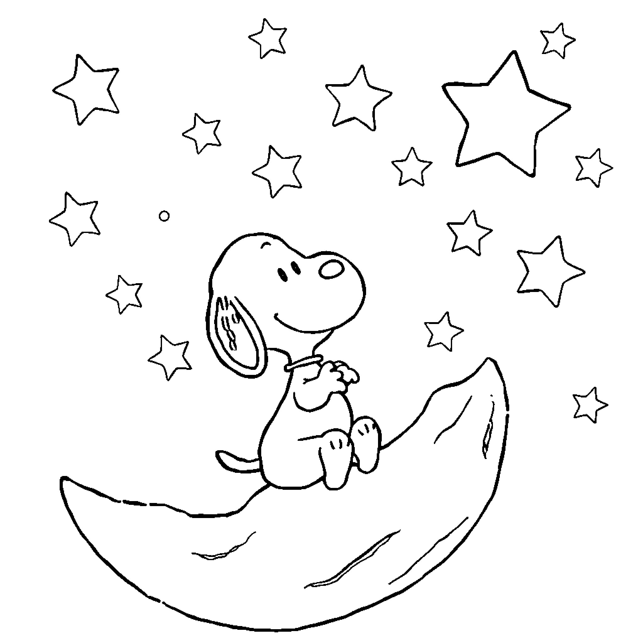 Snoopy gazing at the starry night sky Coloring Page (free black-and-white line drawing printable PDF for all, from beginners to advanced learners, including children, teens, adults, and seniors)