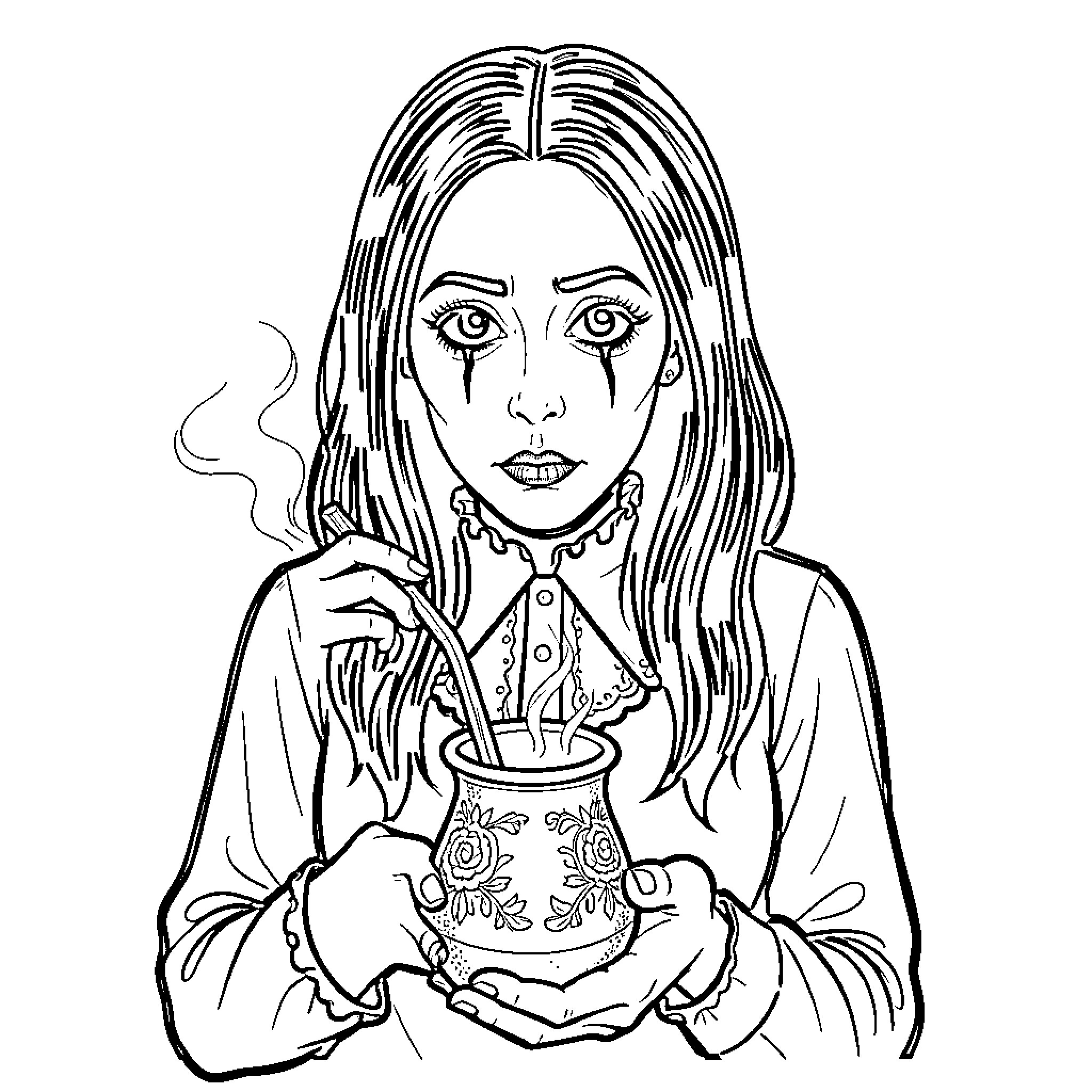 Wednesday holding a steaming cup with a serious expression Coloring Page (free black-and-white line drawing printable PDF for all, from beginners to advanced learners, including children, teens, adults, and seniors)