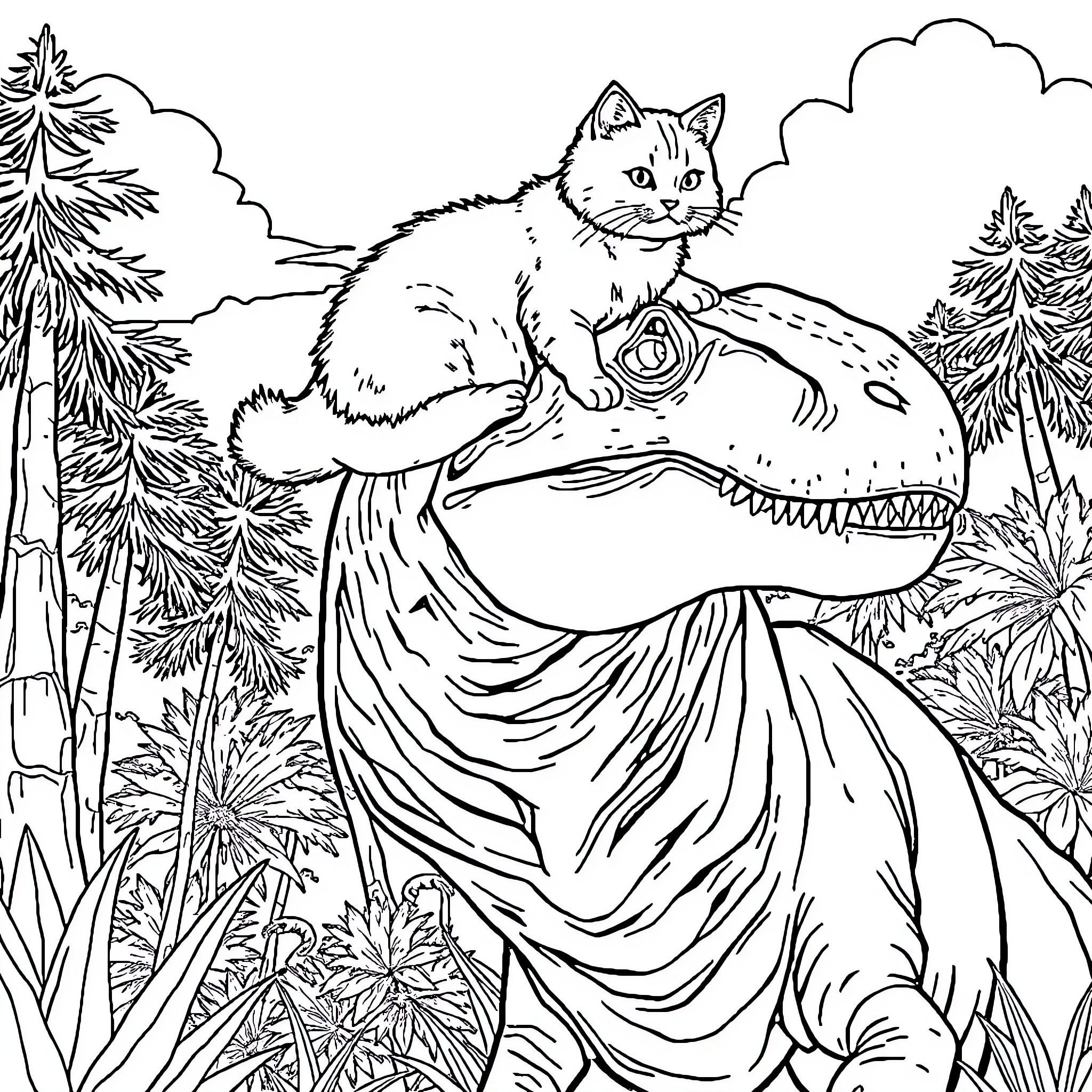 T-Rex and playful kitten in the jungle Coloring Page (free black-and-white line drawing printable PDF for all, from beginners to advanced learners, including children, teens, adults, and seniors)