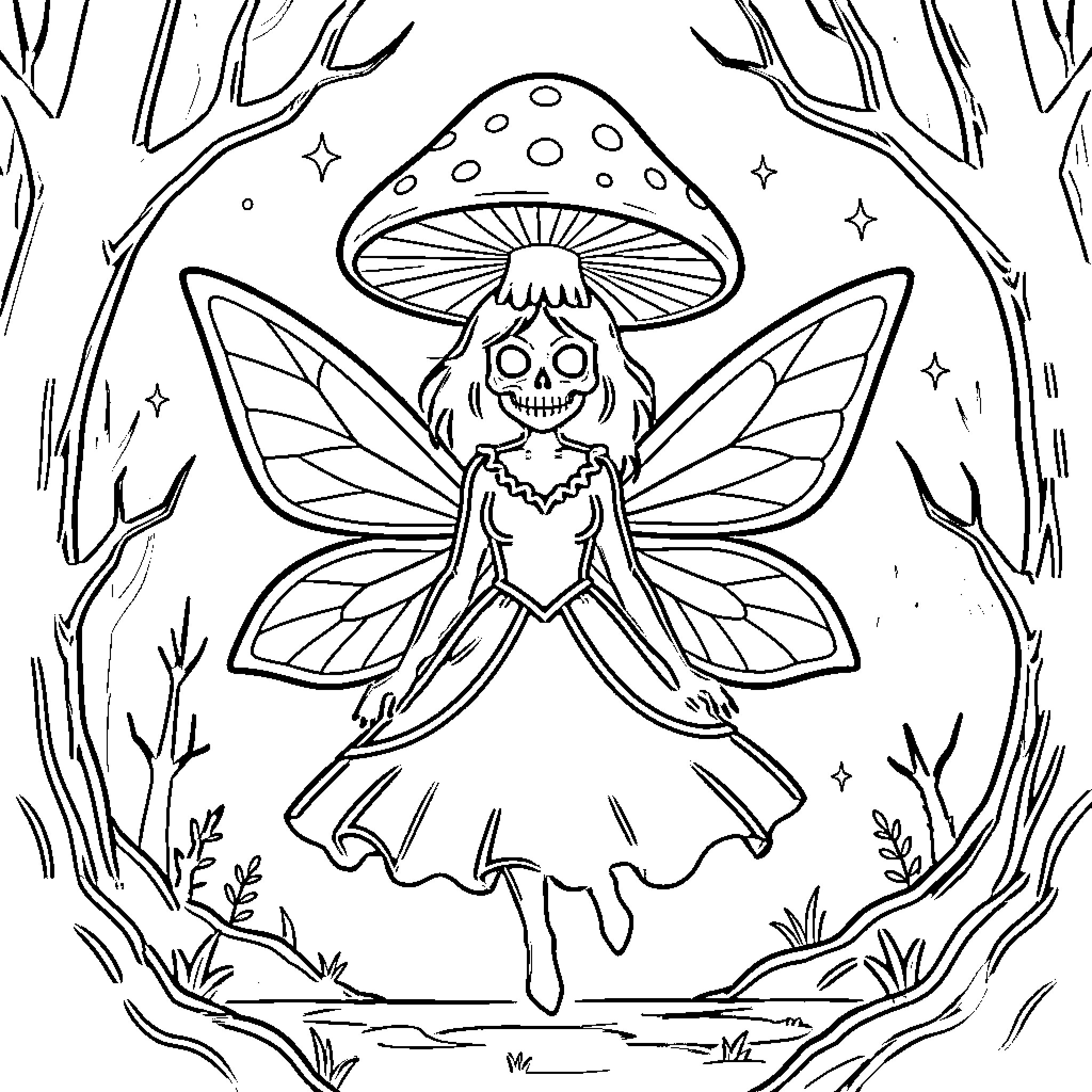 Fairy with butterfly wings in a whimsical forest Coloring Page (free black-and-white line drawing printable PDF for all, from beginners to advanced learners, including children, teens, adults, and seniors)