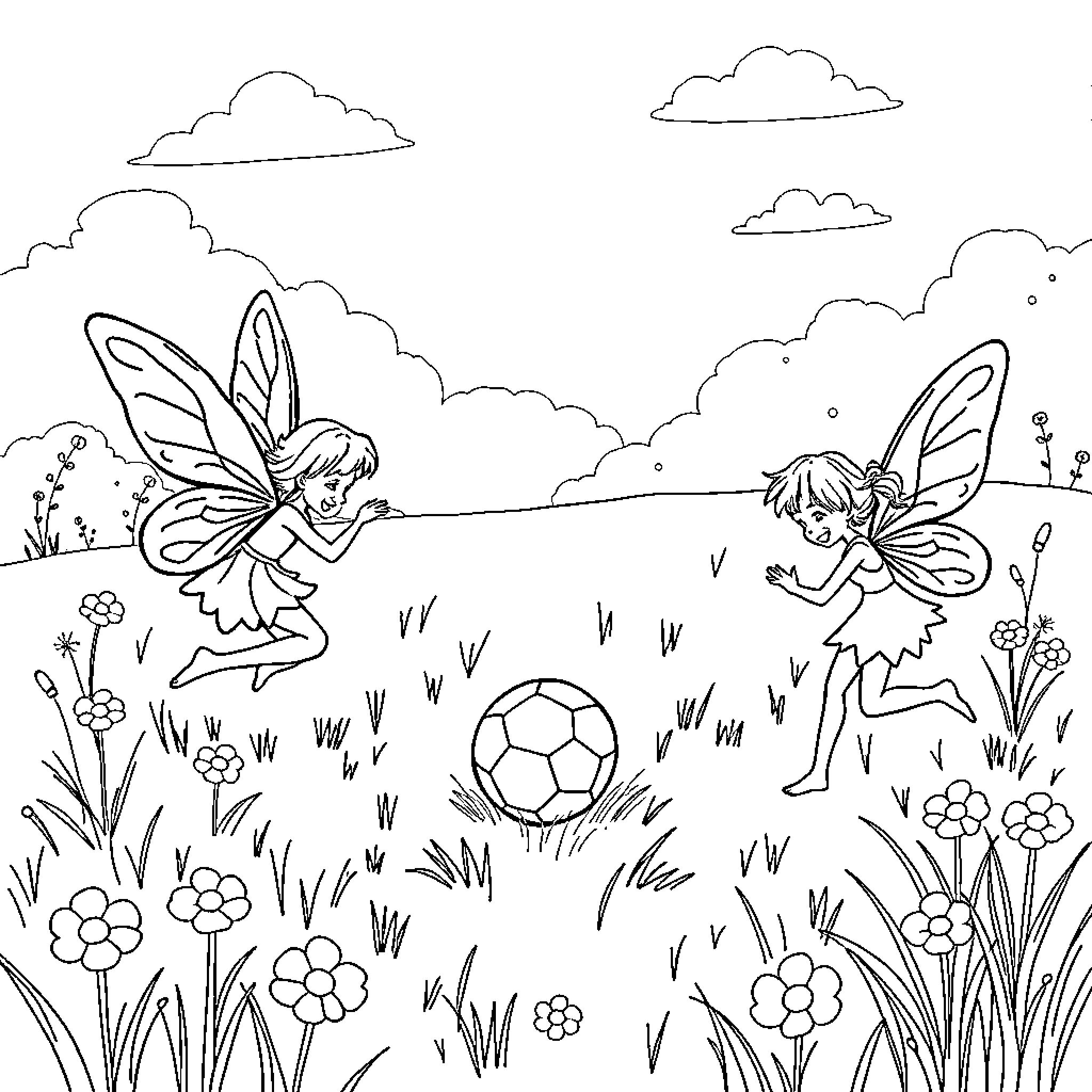 Fairy children playing with a ball in the meadow Coloring Page (free black-and-white line drawing printable PDF for all, from beginners to advanced learners, including children, teens, adults, and seniors)