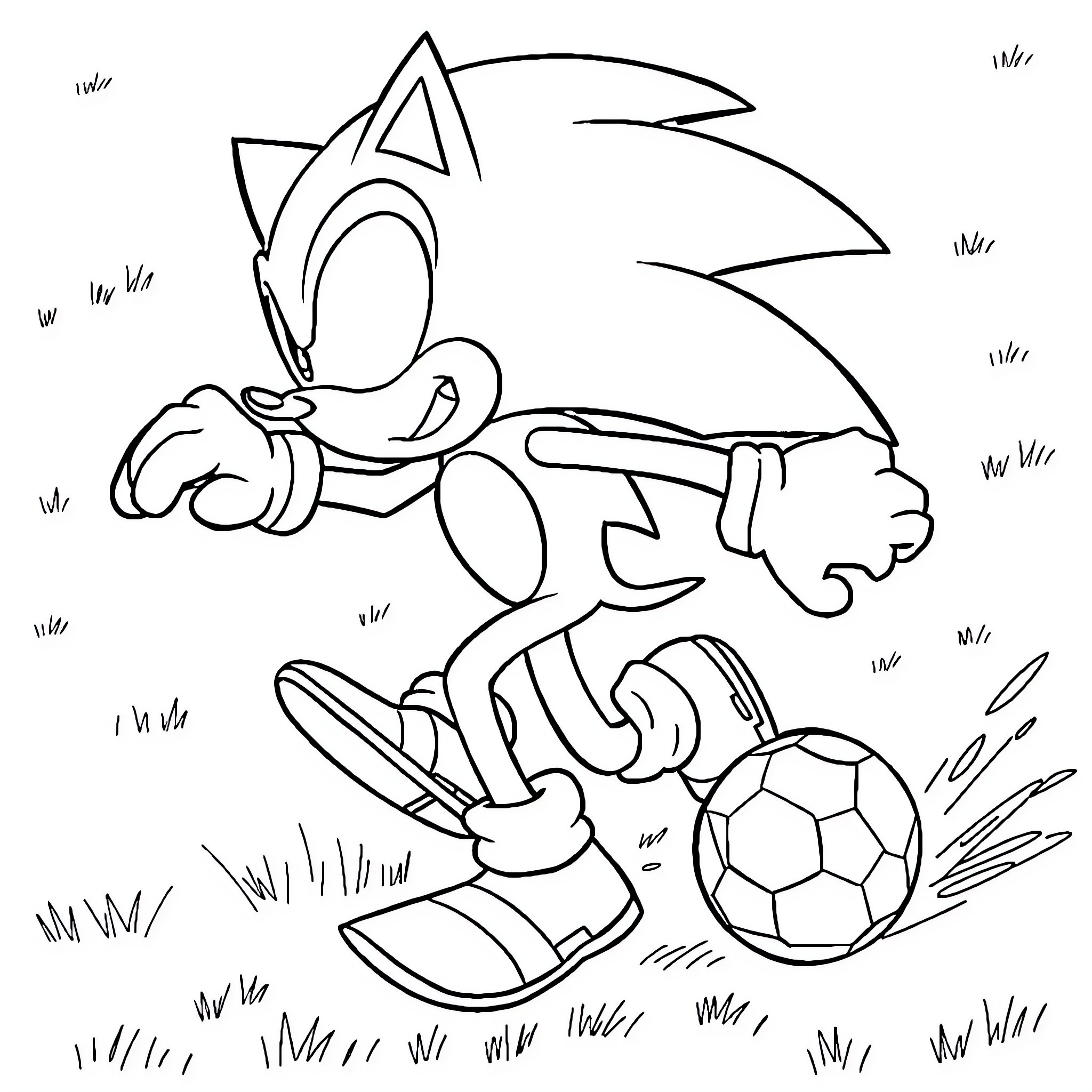 Sonic playing soccer with energy and excitement Coloring Page (free black-and-white line drawing printable PDF for all, from beginners to advanced learners, including children, teens, adults, and seniors)