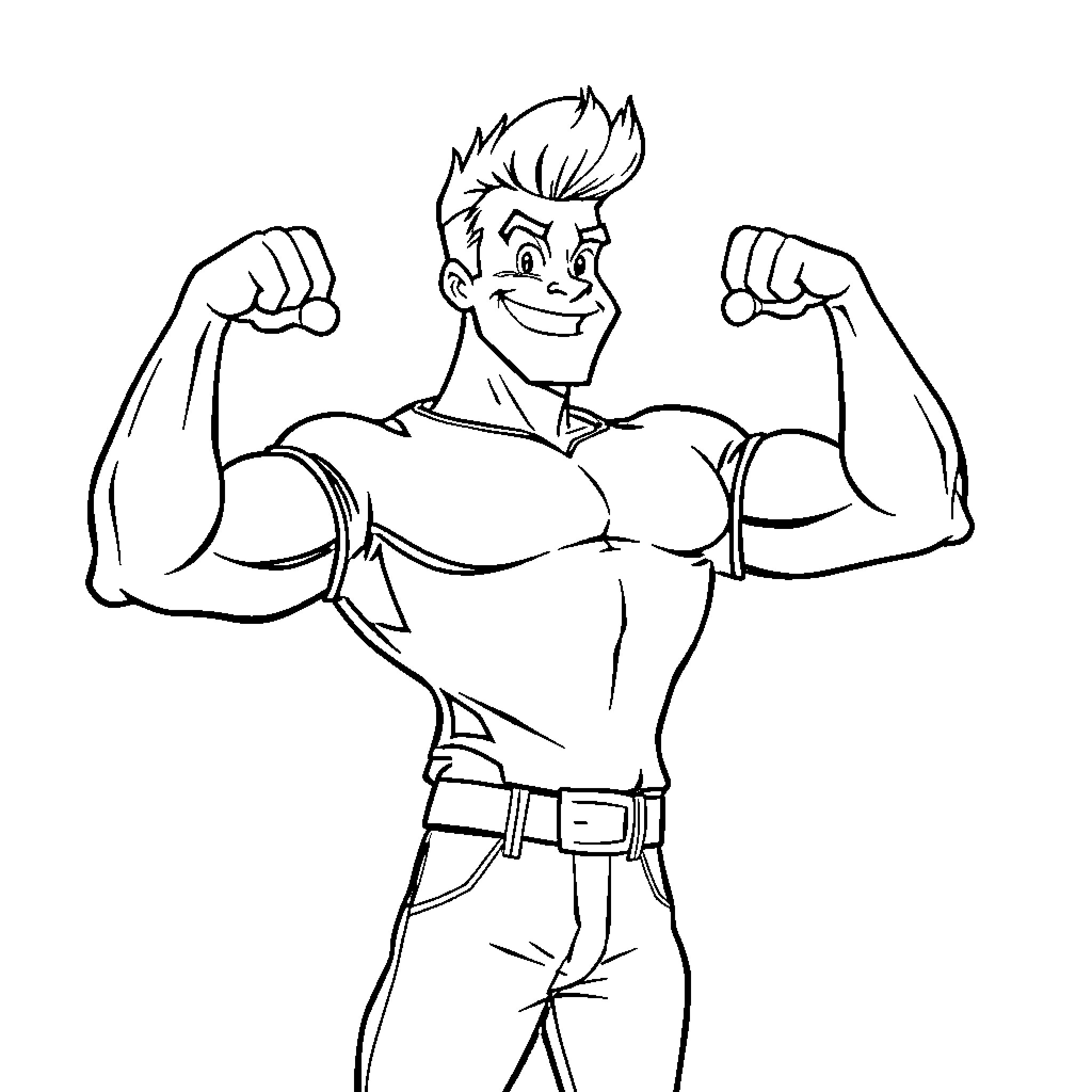 Johnny Bravo's Muscular Physique and Confident Pose Coloring Page (free black-and-white line drawing printable PDF for all, from beginners to advanced learners, including children, teens, adults, and seniors)