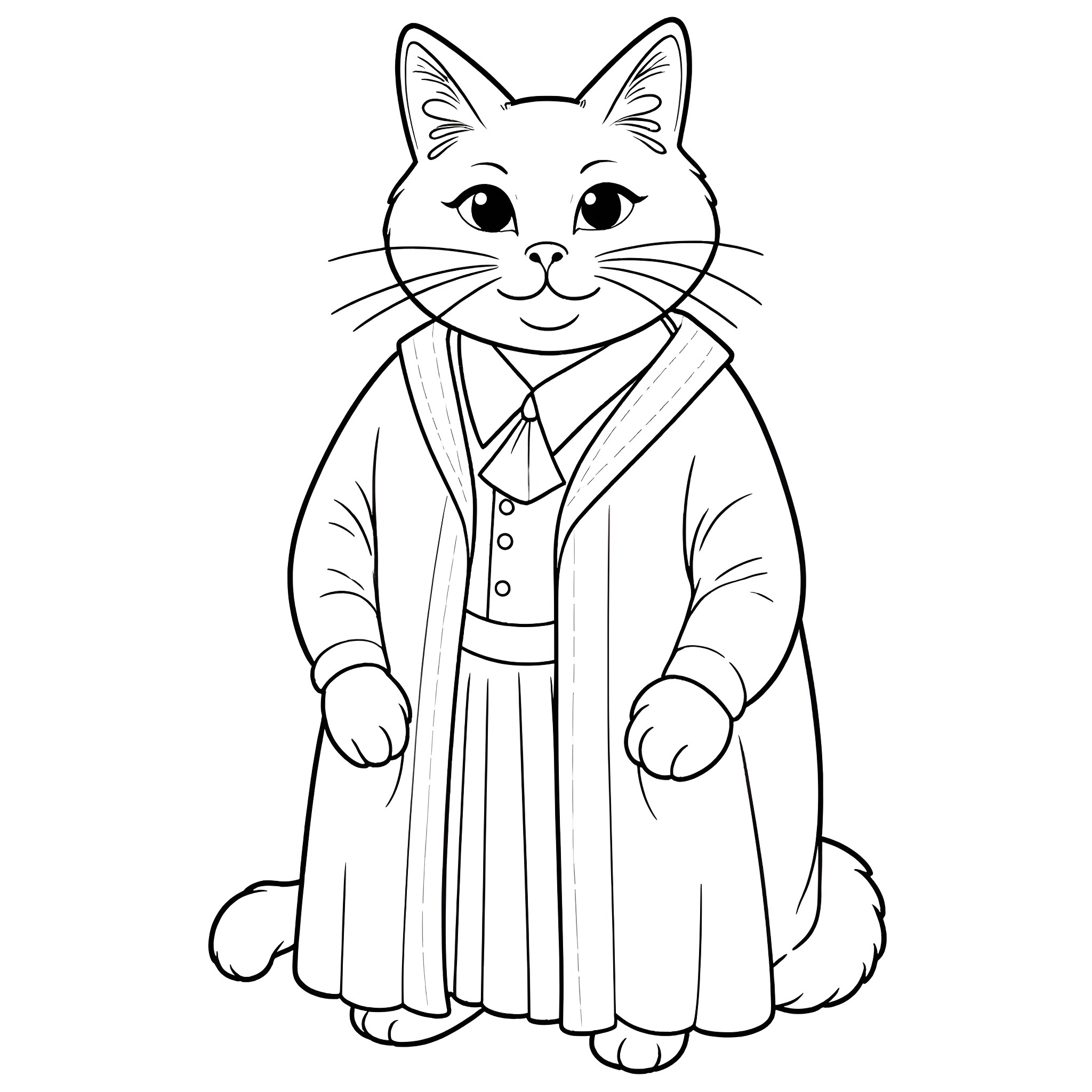 Cat dressed in a formal kimono Coloring Page (free black-and-white line drawing printable PDF for all, from beginners to advanced learners, including children, teens, adults, and seniors)