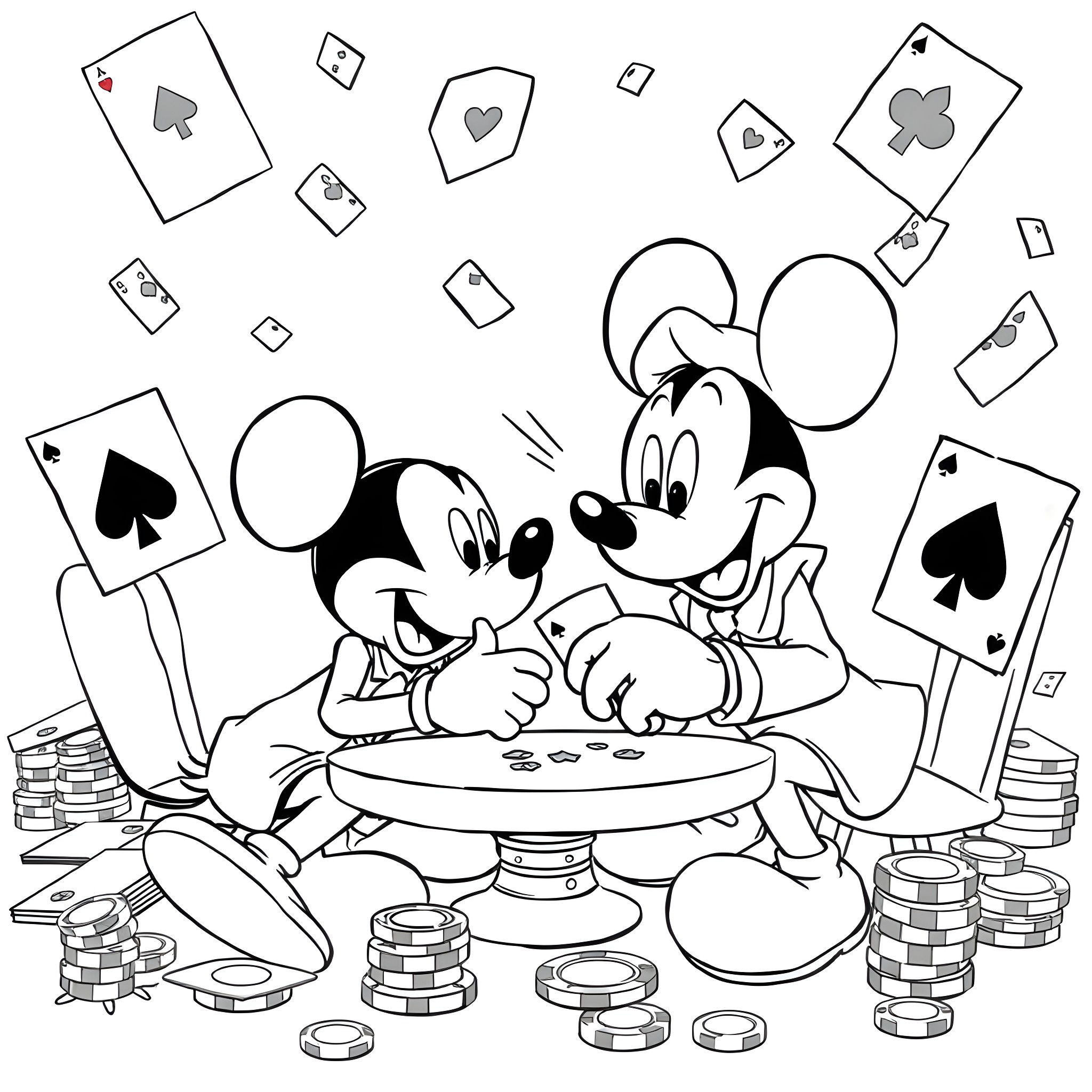 Mickey Mouse and Minnie Mouse playing card games with poker chips Coloring Page (free black-and-white line drawing printable PDF for all, from beginners to advanced learners, including children, teens, adults, and seniors)