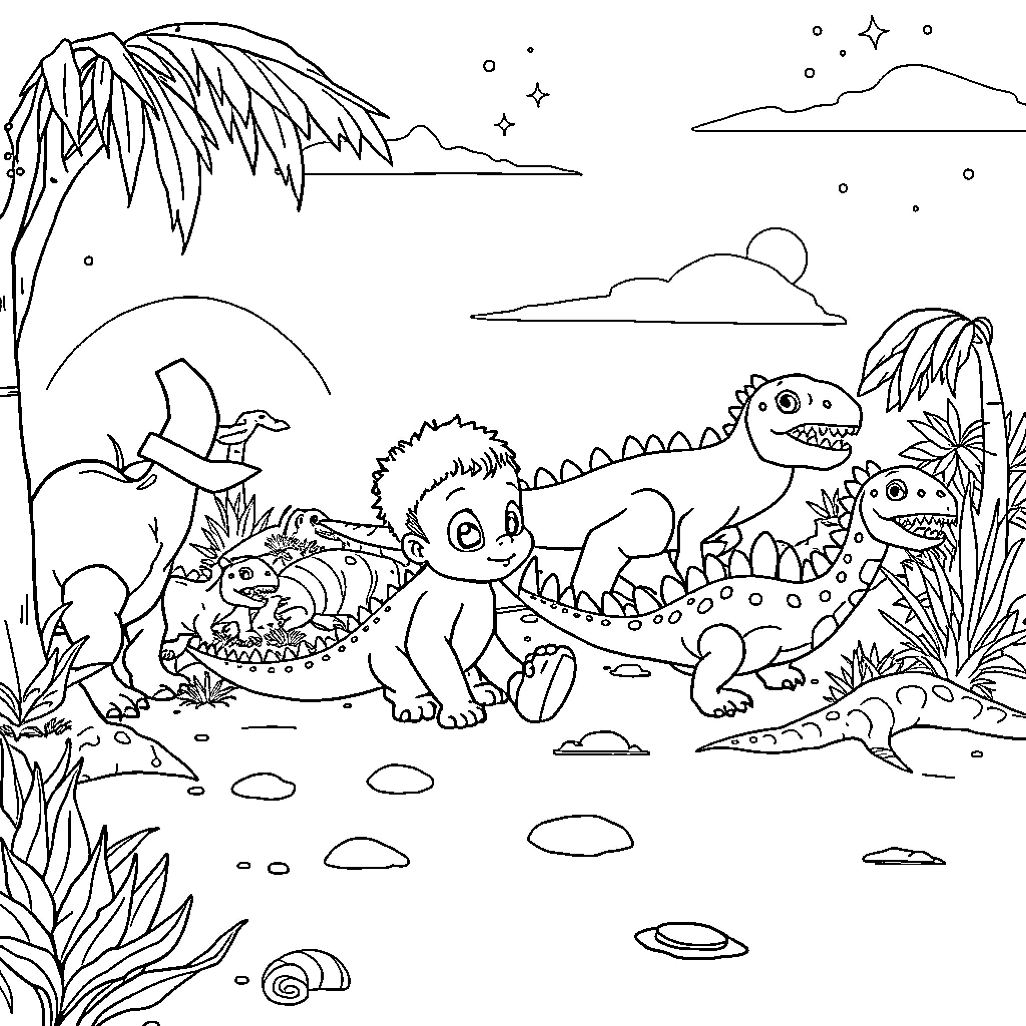 Child exploring prehistoric creatures in nature Coloring Page (free black-and-white line drawing printable PDF for all, from beginners to advanced learners, including children, teens, adults, and seniors)