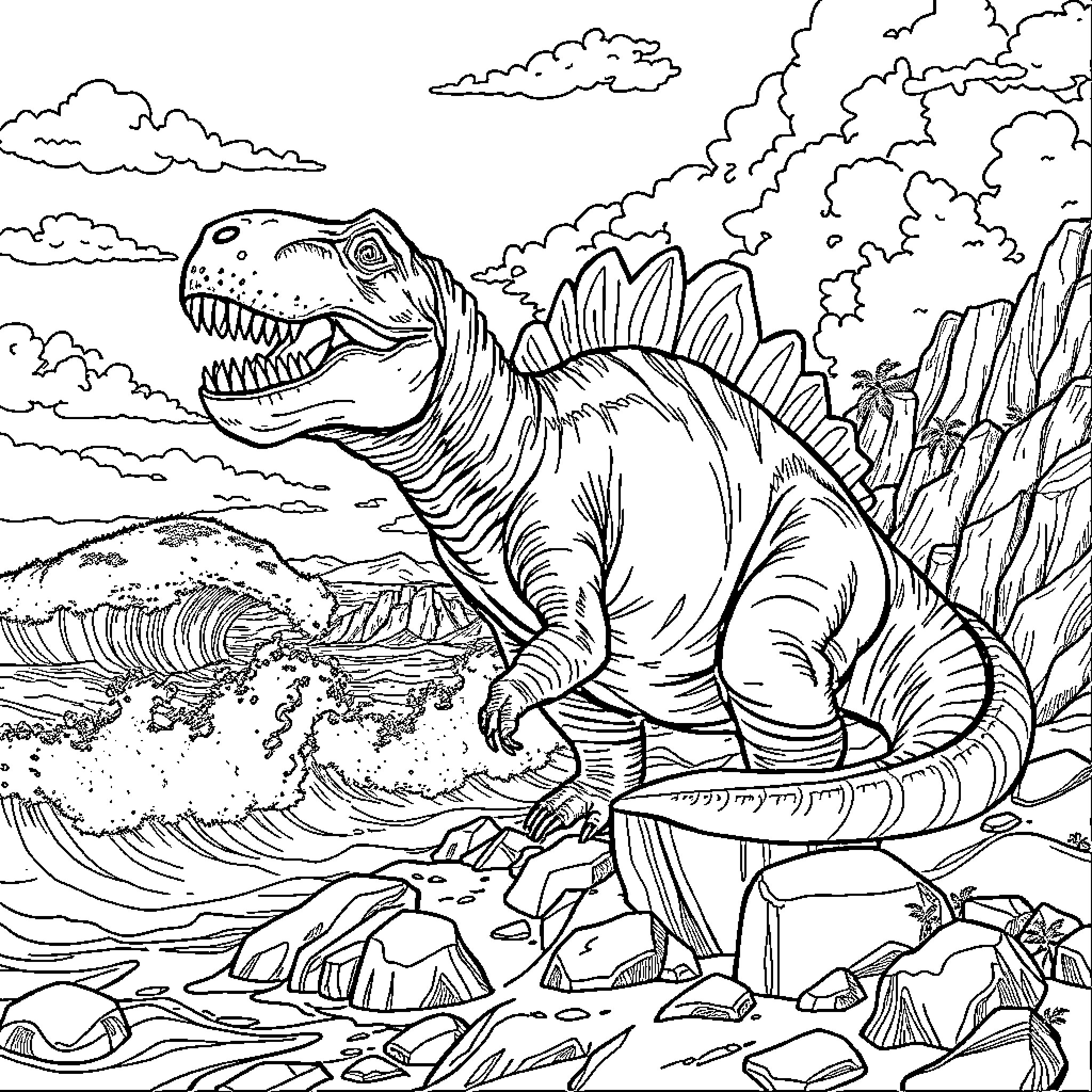 Tyrannosaurus Stalking Through Prehistoric Landscape Coloring Page (free black-and-white line drawing printable PDF for all, from beginners to advanced learners, including children, teens, adults, and seniors)