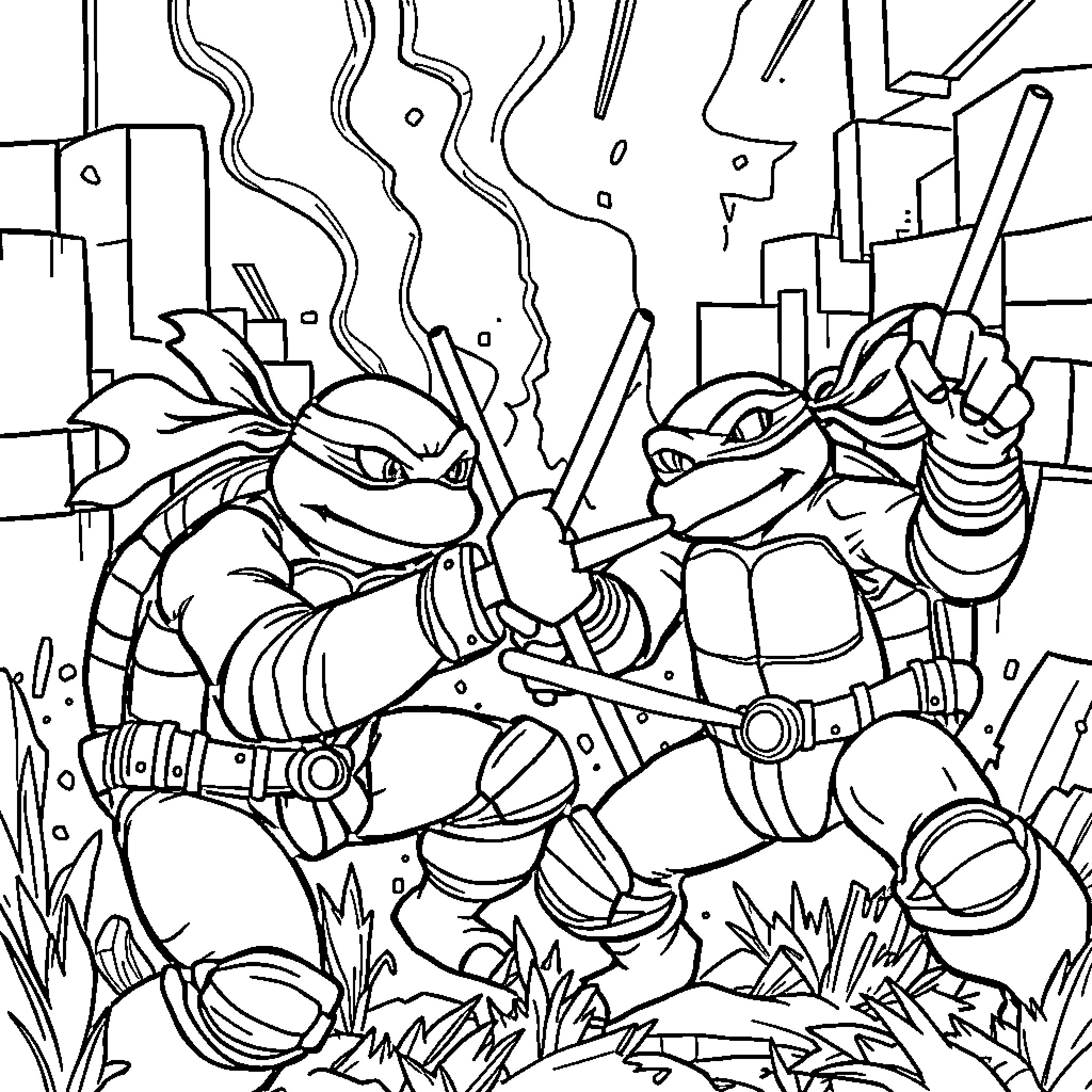 Number Two Ninja Turtles in Urban Battle Scene Coloring Page (free black-and-white line drawing printable PDF for all, from beginners to advanced learners, including children, teens, adults, and seniors)