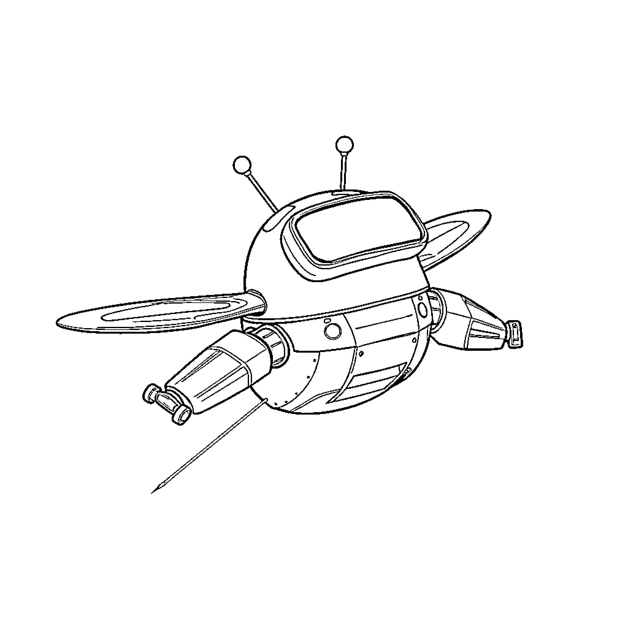 Flying Robot Exploring the Unknown Coloring Page (free black-and-white line drawing printable PDF for all, from beginners to advanced learners, including children, teens, adults, and seniors)