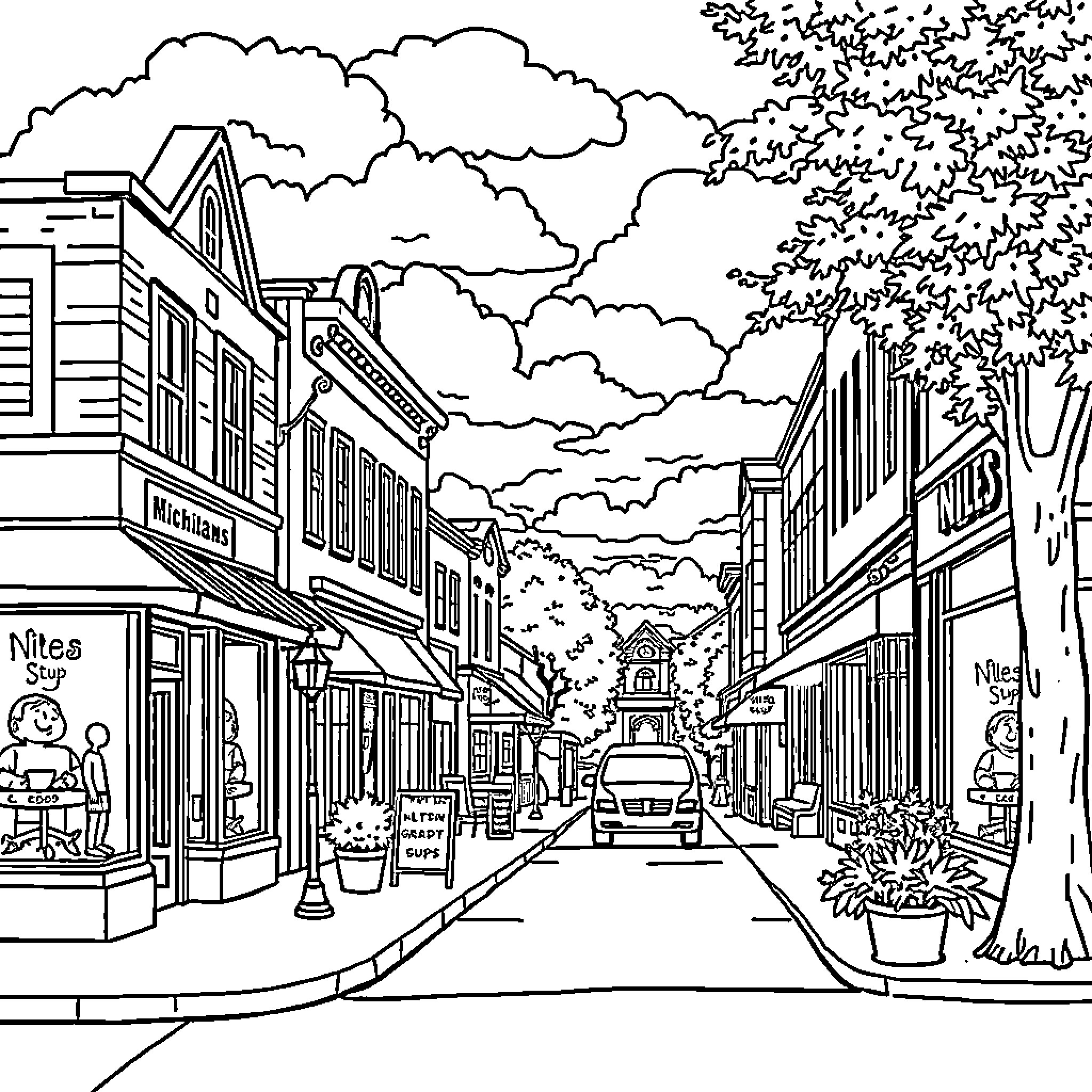 Niles Exploring the Charming Streetscape Coloring Page (free black-and-white line drawing printable PDF for all, from beginners to advanced learners, including children, teens, adults, and seniors)