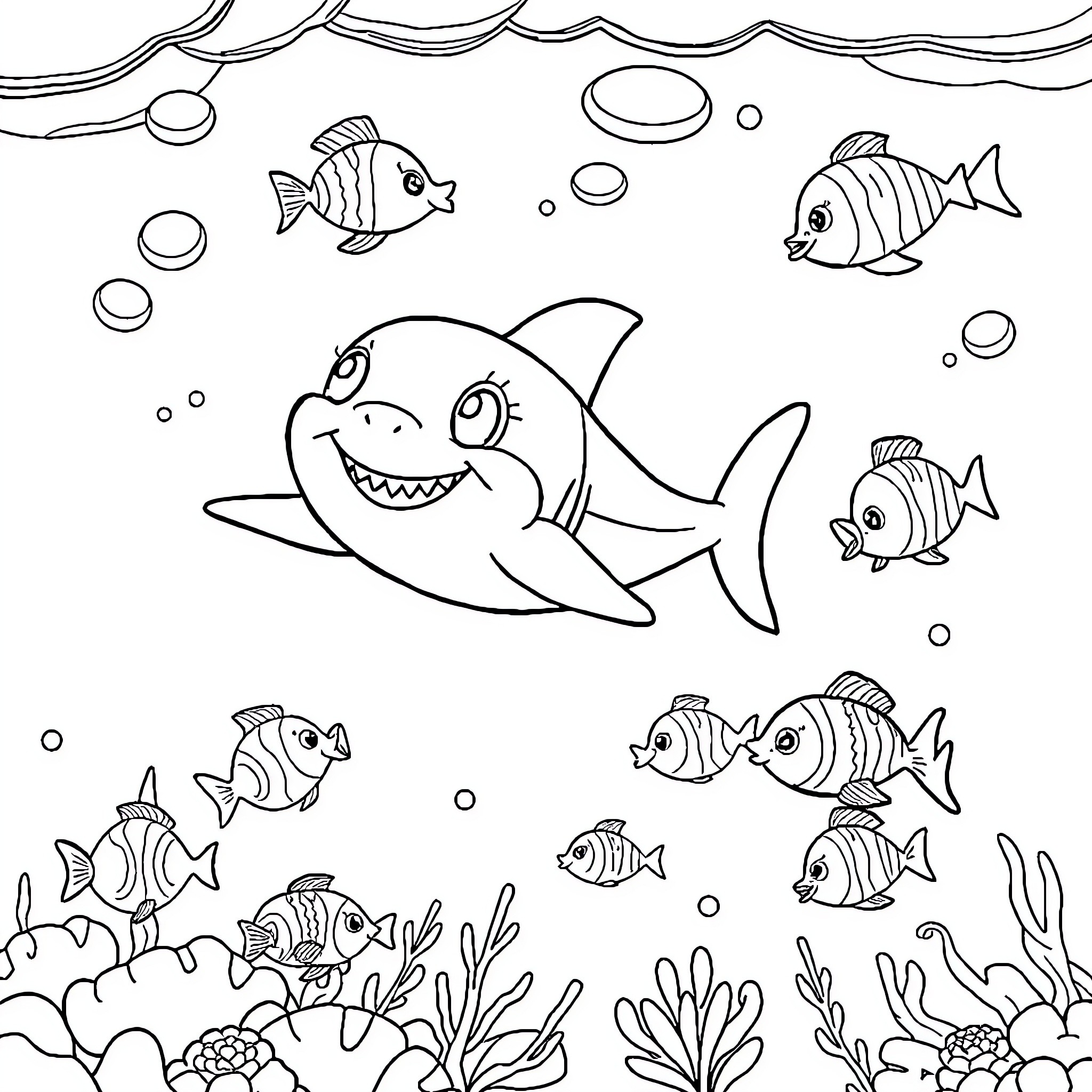 Shark swimming playfully with colorful sea creatures Coloring Page (free black-and-white line drawing printable PDF for all, from beginners to advanced learners, including children, teens, adults, and seniors)