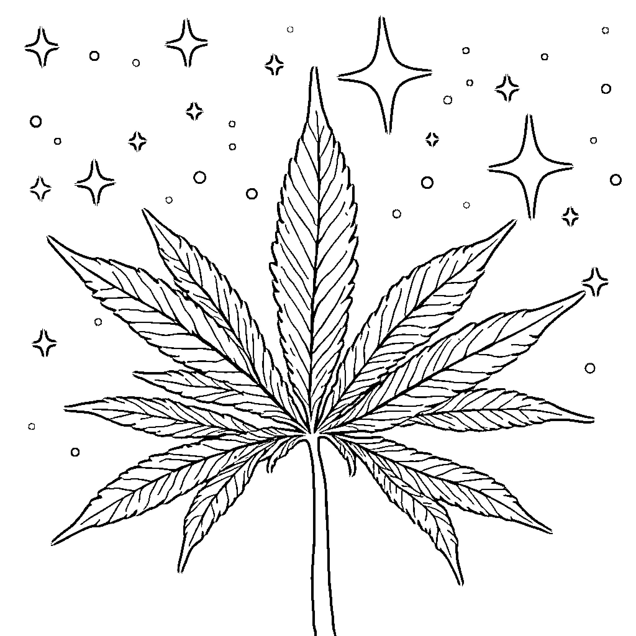 Cannabis leaf with mystical stars and sparks Coloring Page (free black-and-white line drawing printable PDF for all, from beginners to advanced learners, including children, teens, adults, and seniors)