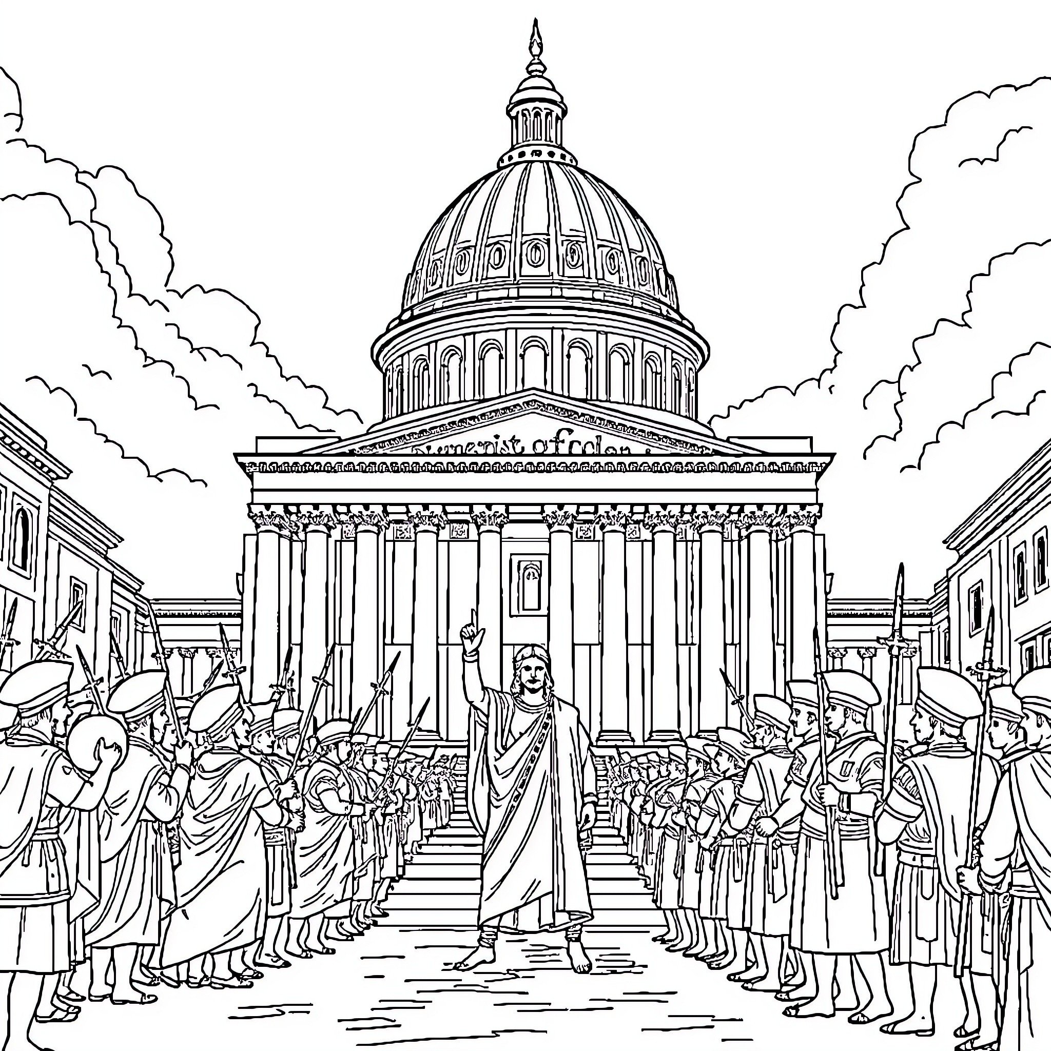 Augustus Addressing the Crowd at the Capitol Building Coloring Page (free black-and-white line drawing printable PDF for all, from beginners to advanced learners, including children, teens, adults, and seniors)
