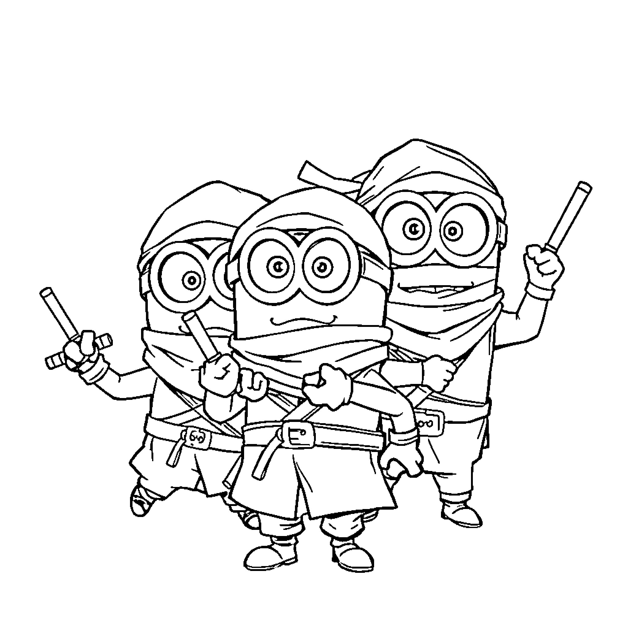 Minions dressed as ninjas holding training sticks Coloring Page (free black-and-white line drawing printable PDF for all, from beginners to advanced learners, including children, teens, adults, and seniors)