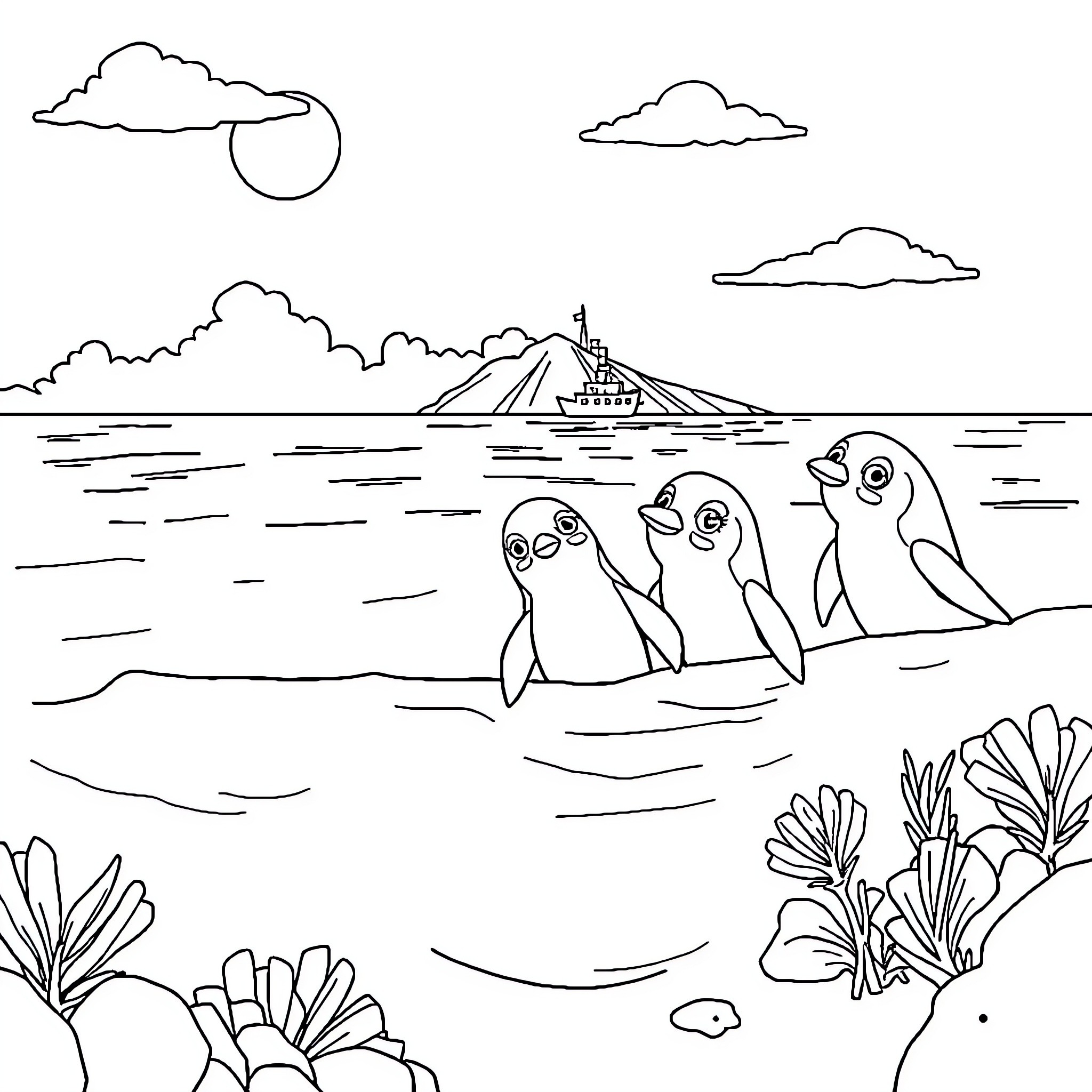 Turkey's scenic coastal landscape with seabirds Coloring Page (free black-and-white line drawing printable PDF for all, from beginners to advanced learners, including children, teens, adults, and seniors)