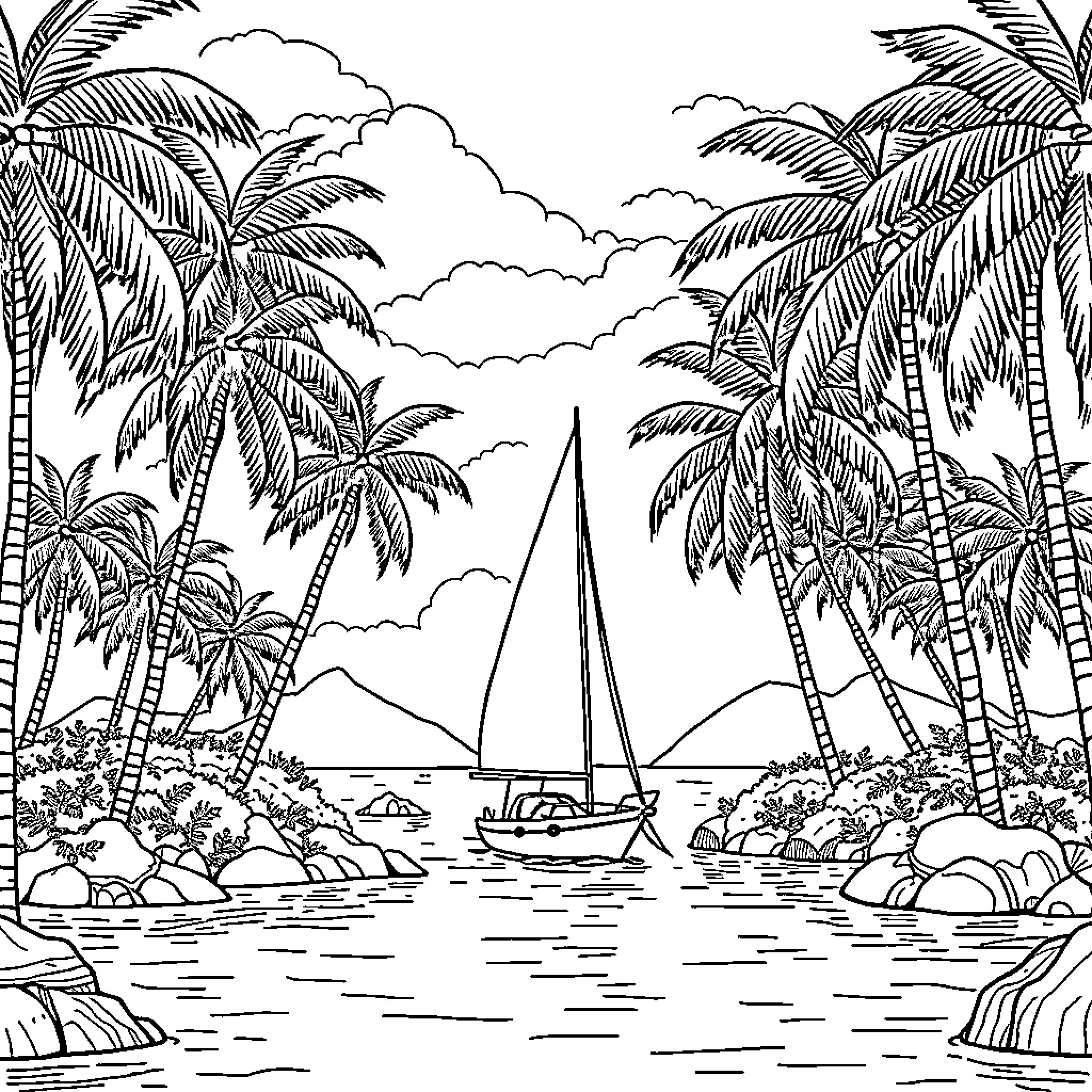 Sailboat sailing through tropical paradise Coloring Page (free black-and-white line drawing printable PDF for all, from beginners to advanced learners, including children, teens, adults, and seniors)