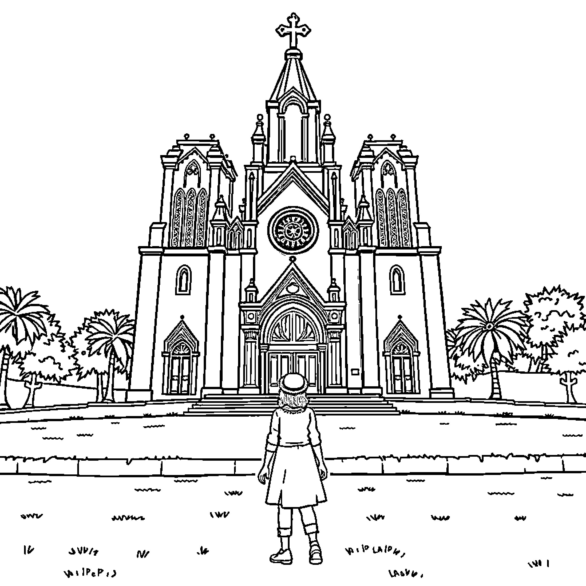Dora exploring the grand cathedral Coloring Page (free black-and-white line drawing printable PDF for all, from beginners to advanced learners, including children, teens, adults, and seniors)