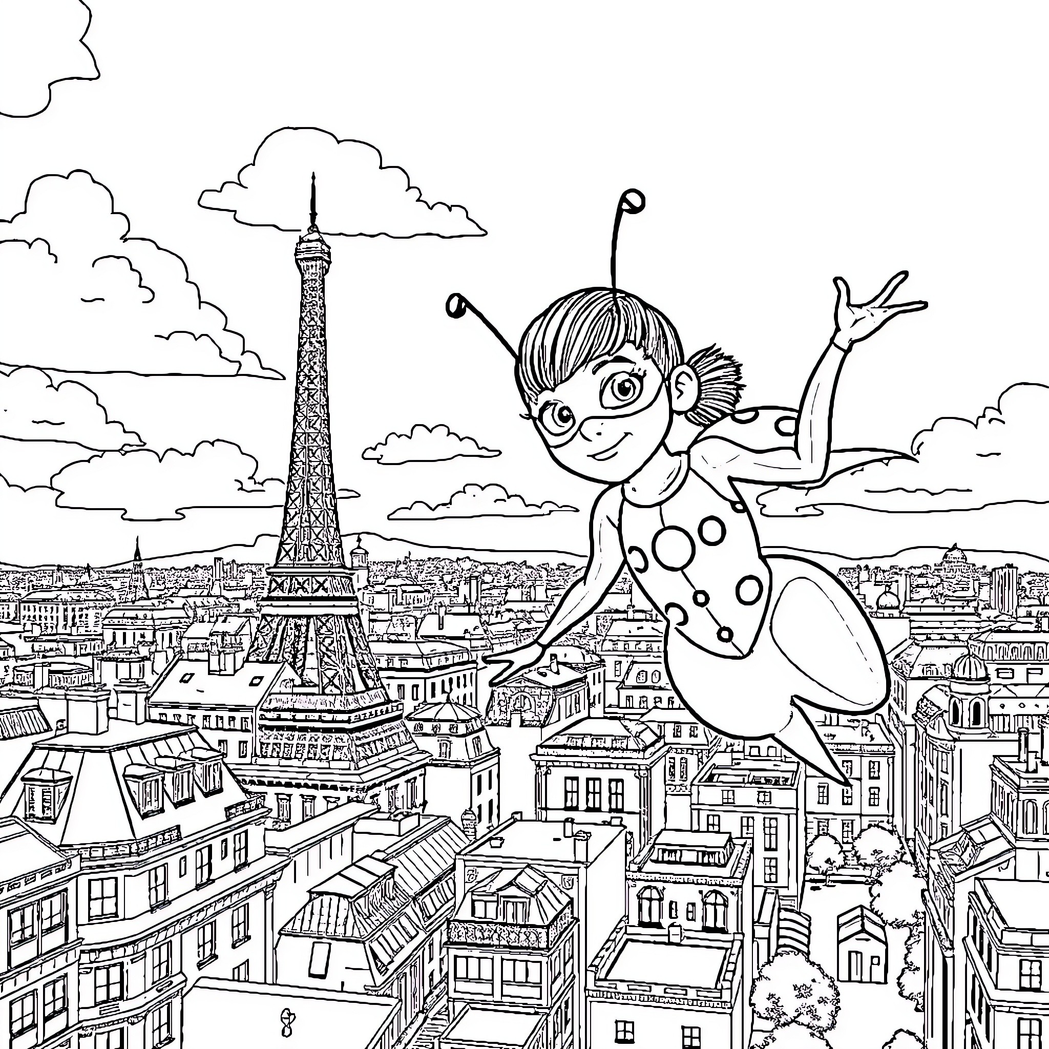 Ladybug exploring the vibrant city of Paris Coloring Page (free black-and-white line drawing printable PDF for all, from beginners to advanced learners, including children, teens, adults, and seniors)