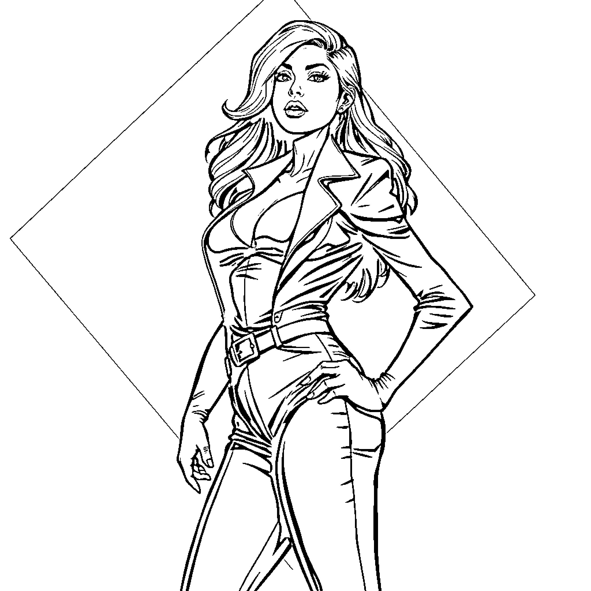 Woman in stylized attire posing confidently Coloring Page (free black-and-white line drawing printable PDF for all, from beginners to advanced learners, including children, teens, adults, and seniors)