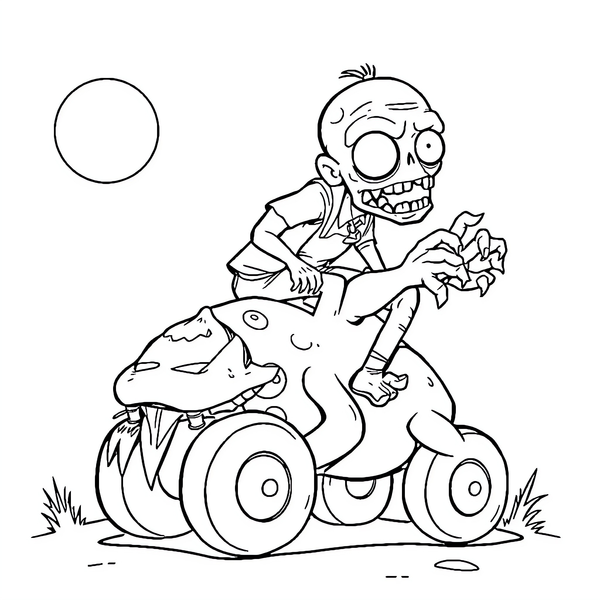 Zombie riding a cartoon vehicle Coloring Page (free black-and-white line drawing printable PDF for all, from beginners to advanced learners, including children, teens, adults, and seniors)
