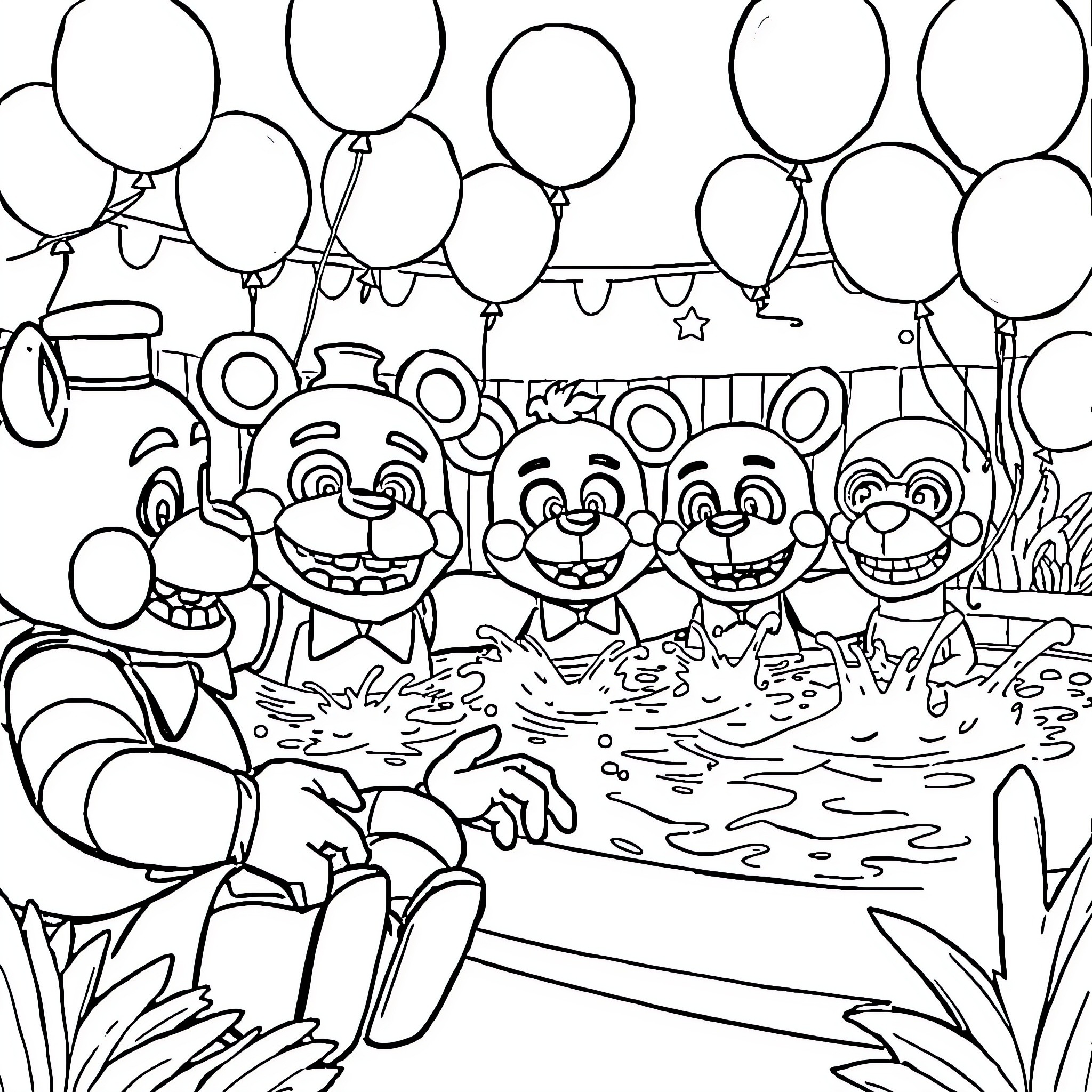 Freddy Fazbear and friends in a festive celebration Coloring Page (free black-and-white line drawing printable PDF for all, from beginners to advanced learners, including children, teens, adults, and seniors)